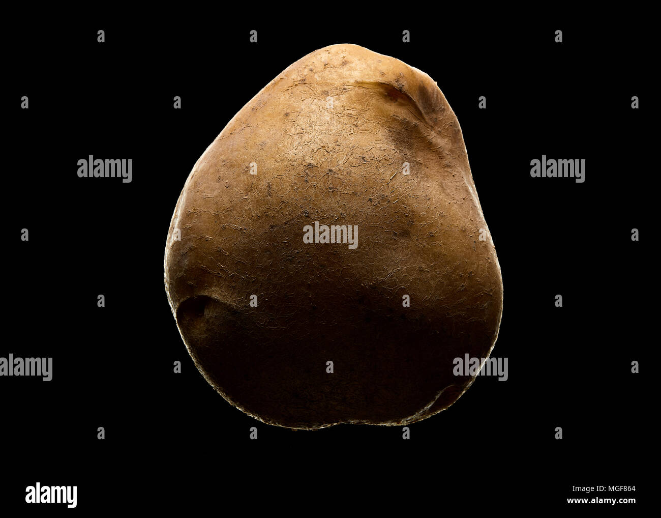 close-up shot of a textured potato on isolated black background with moody lighting Stock Photo