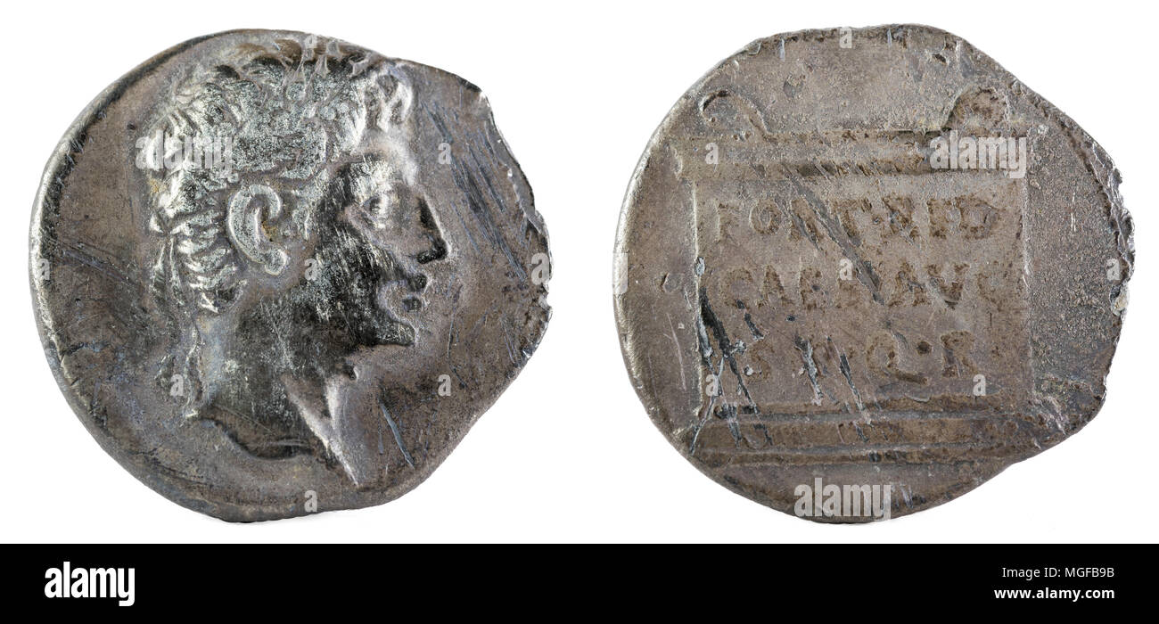 Octavian Augustus. Roman Republic Coin. Ancient Roman silver denarius of the family Julia. Coined in Colonia Patricia current Cordoba. Stock Photo