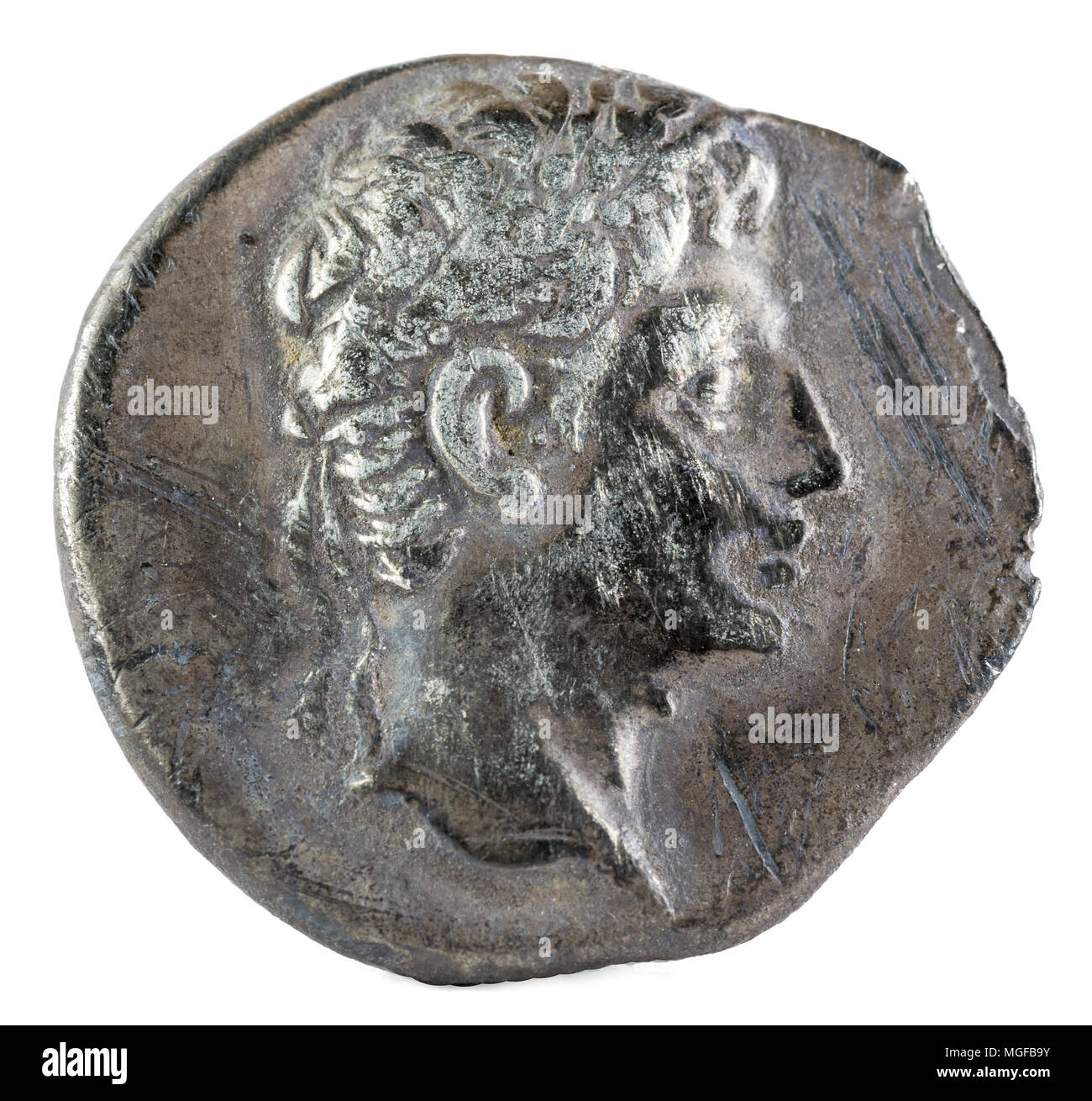 Octavian Augustus. Roman Republic Coin. Ancient Roman silver denarius of the family Julia. Coined in Colonia Patricia current Cordoba. Obverse. Stock Photo