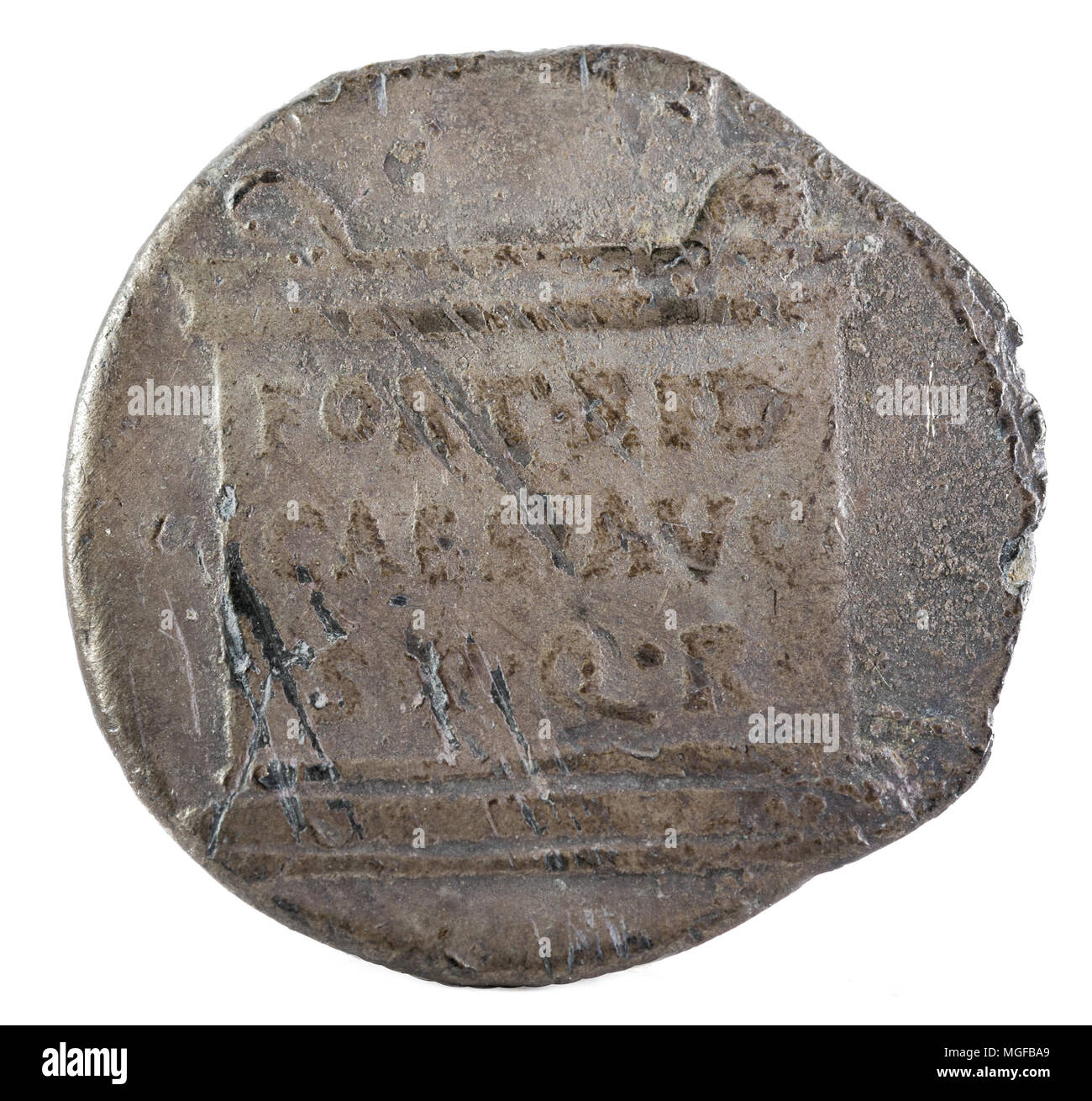 Octavian Augustus. Roman Republic Coin. Ancient Roman silver denarius of the family Julia. Coined in Colonia Patricia current Cordoba. Reverse. Stock Photo
