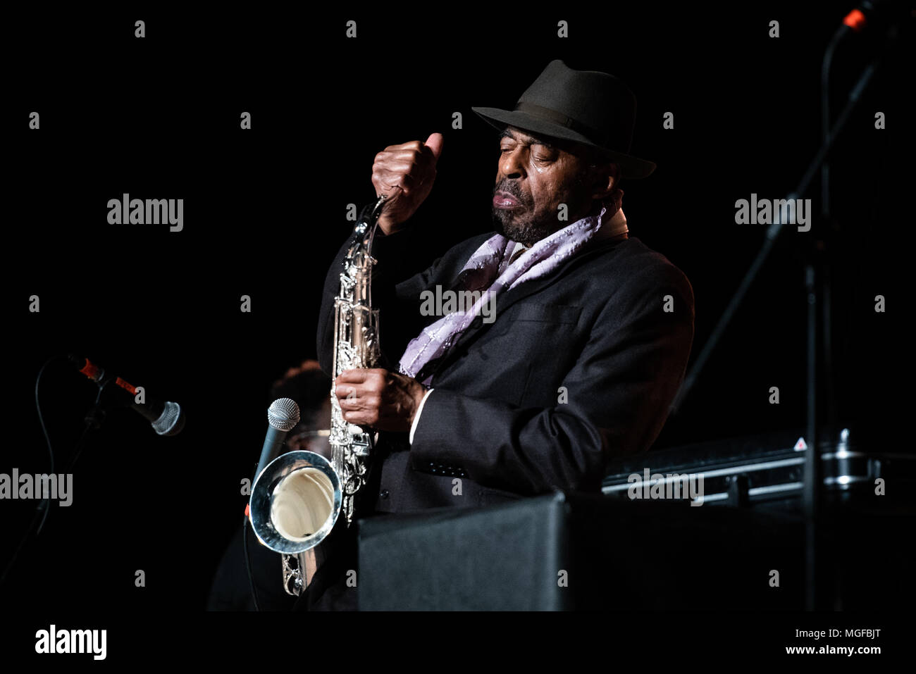 Italy, 2018 April 26th: The American saxophonist Archie Shepp performing live on stage at the Officine Grandi Riparazioni in Torino together with Carl Stock Photo