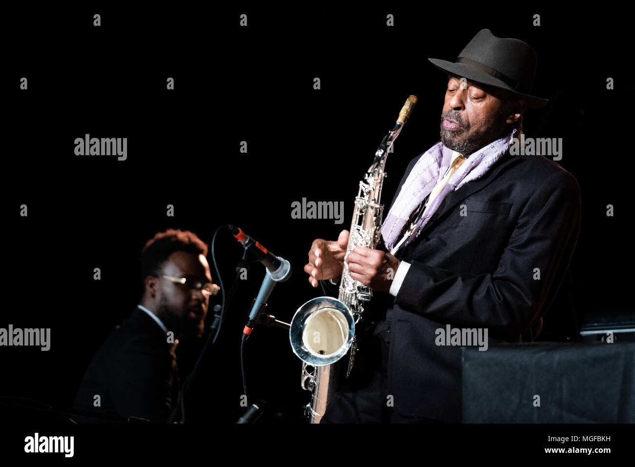 Italy, 2018 April 26th: The American saxophonist Archie Shepp performing live on stage at the Officine Grandi Riparazioni in Torino together with Carl Stock Photo