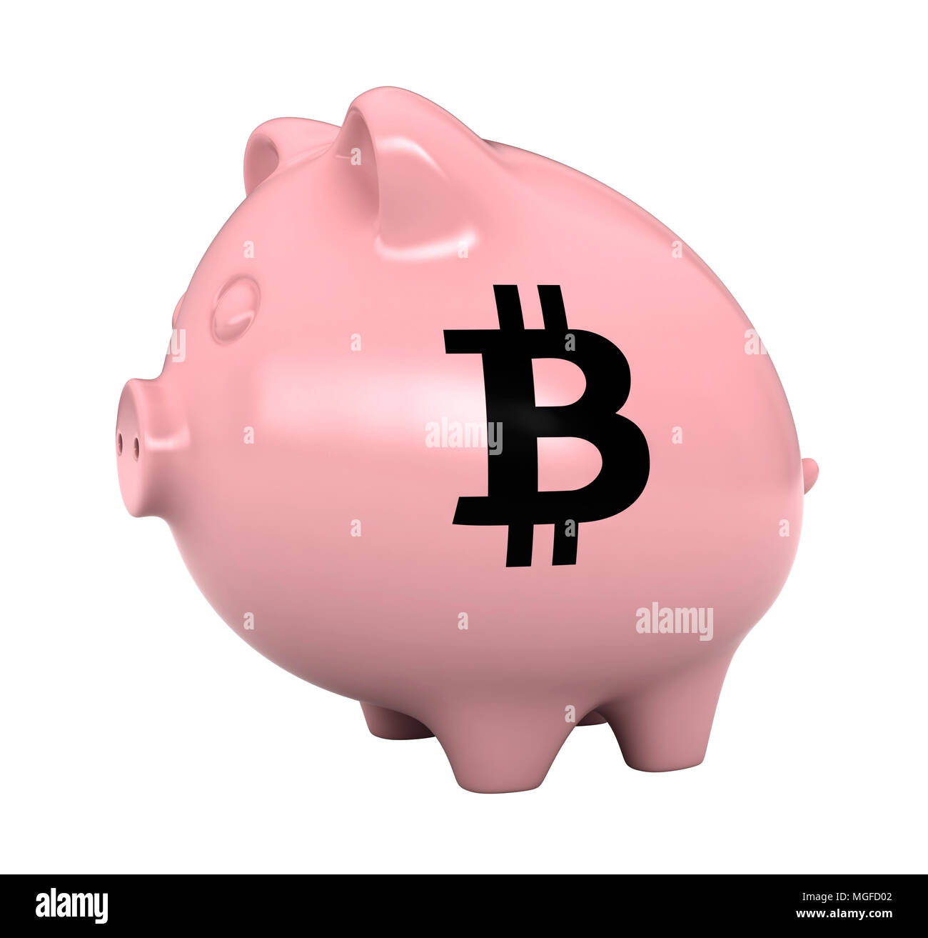 3d render of pink pig money box with bitcoin symbol Stock Photo
