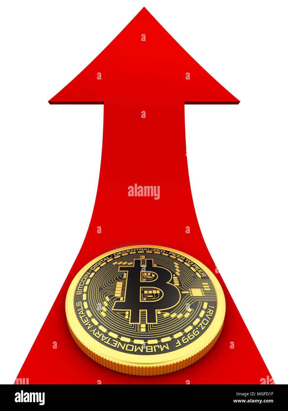 Conceptual 3d render of physical bitcoin over rising chart Stock Photo