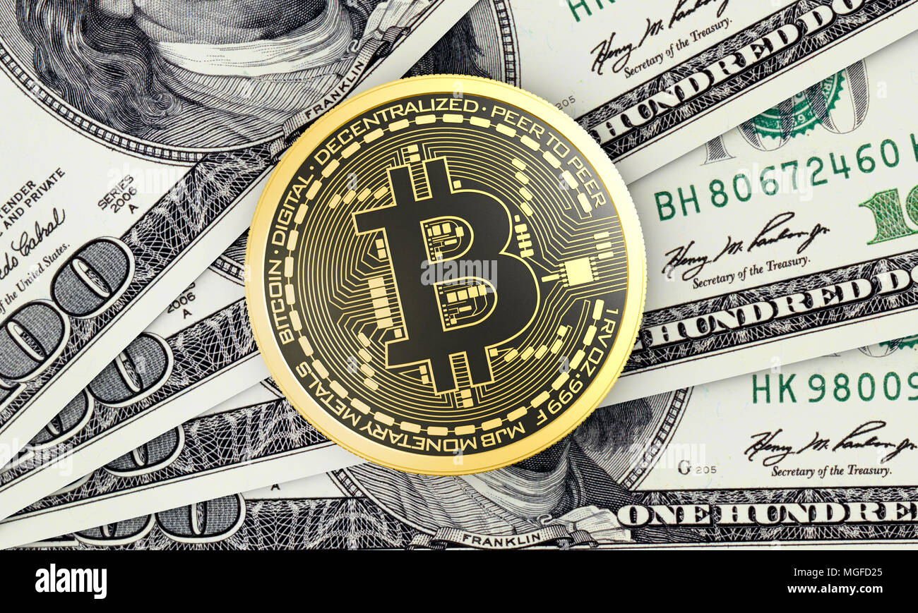 Conceptual 3d render of physical bitcoin over 100 dollars banknotes Stock  Photo - Alamy