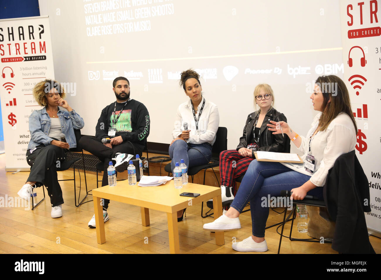 Brighton, UK,  26th April 2018.The UK's foremost electronic music conference returns for its 5th year to Brighton Dome and various venues across the city from 25 - 28 April 2018.  Diversity Is a Reality, Inclusivity Is The Goal (in association with PRS for Music) MODERATOR: Fiona McGugan (Music Managers Forum); Amanda Maxwell (SheSaid.So / Boiler Room); Steven Braines (The Weird & The Wonderful / He.She.They Founder); Natalie Wade (Small Green Shoots); Claire Rose (PRS for Music) Stock Photo