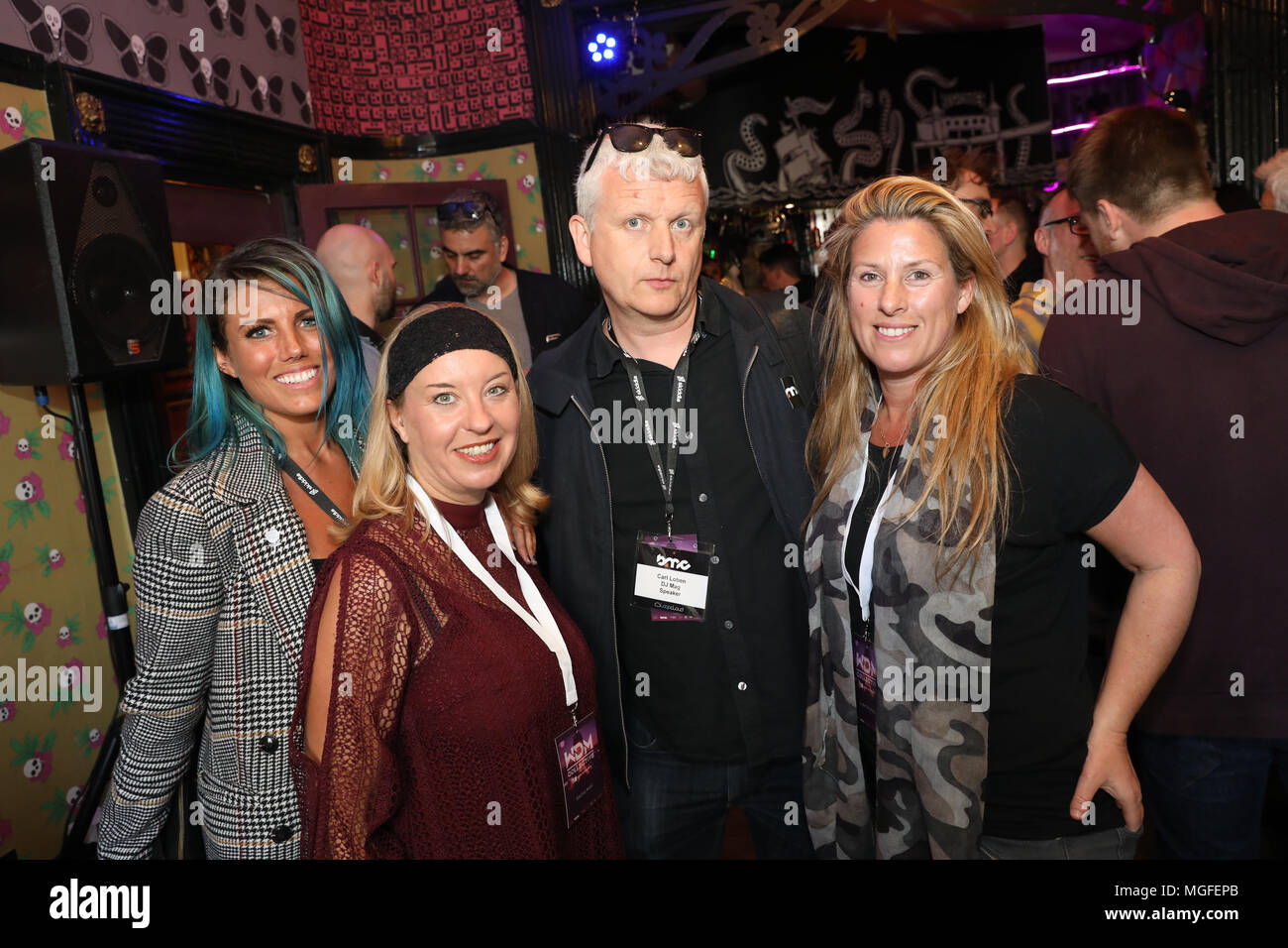 Brighton, UK, 26 April 2018. Women in Dance Music Collective launch party as part of the Brighton Music Conference 2018.  26th April 2018. The UK's foremost electronic music conference returns for its 5th year to Brighton Dome and various venues across the city from 25 - 28 April 2018.  Native Instruments presents Women in Dance Music Collective networking event in collaboration with She Said So, PRS Keychange Initiative & Women Produce Music & KOKORO GIN. Carly Wilford, Sacha Wall, Carl Loben, Jade Thompson Stock Photo