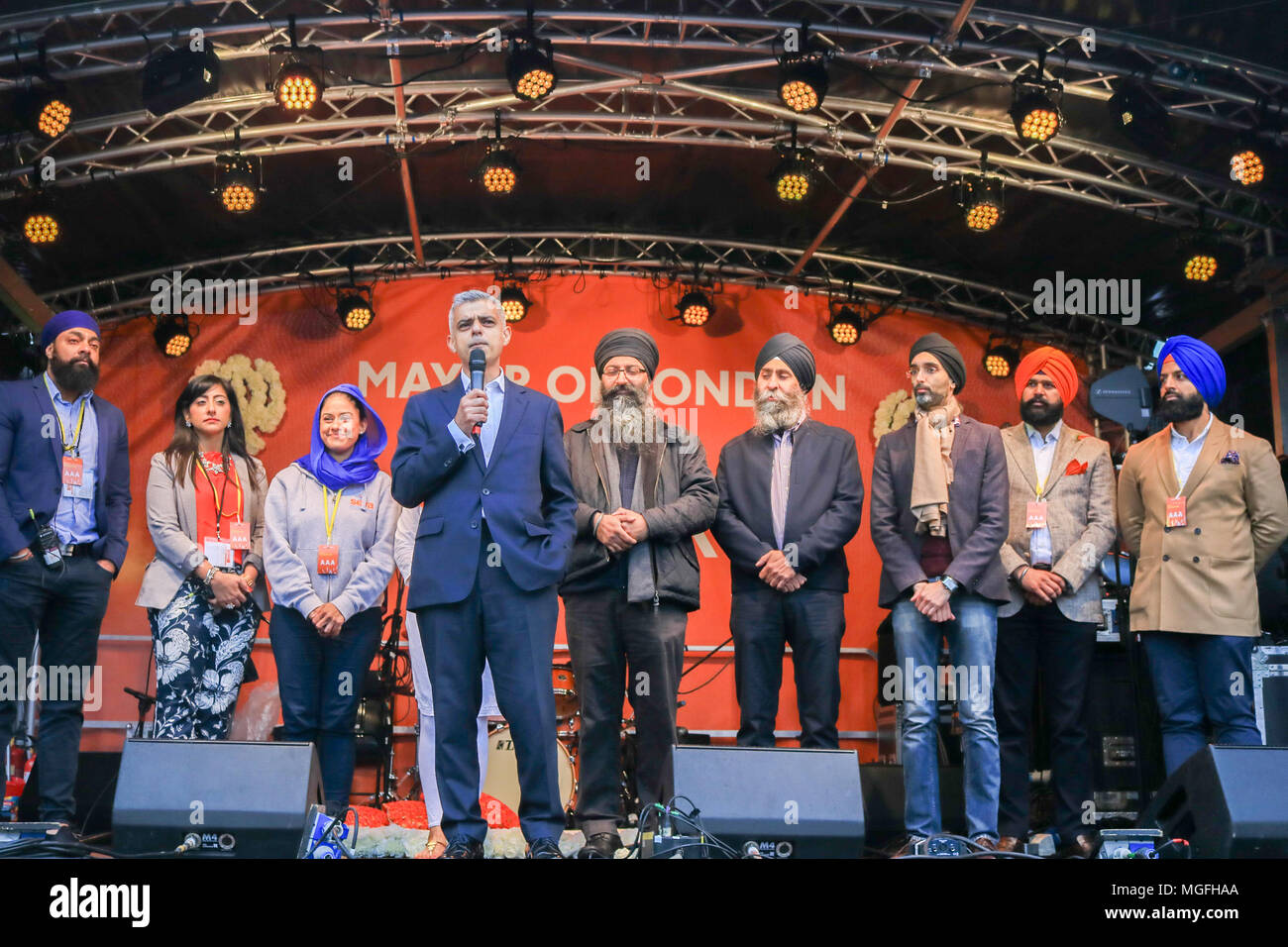 London UK. 28th Aril 2018. Londo Mayor Sadiq Khan attends Vaisakhi festival in Trafalgar Square which celebrates Sikh and Punjabi tradition, heritage and culture Credit: amer ghazzal/Alamy Live News Stock Photo