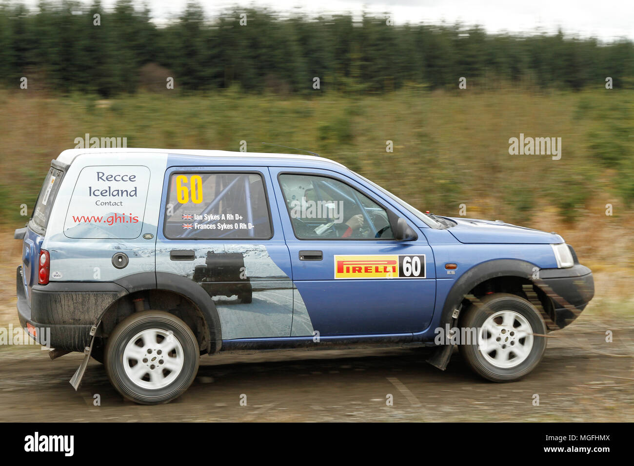 Kielder Forest, Northumberland, UK, 28 April 2018. Rally drivers compete in the Pirelli International Rally and second round of the Prestone British Rally Championship. (Special Stage 1 - Pundershaw 1). Andrew Cheal/Alamy Live News Stock Photo