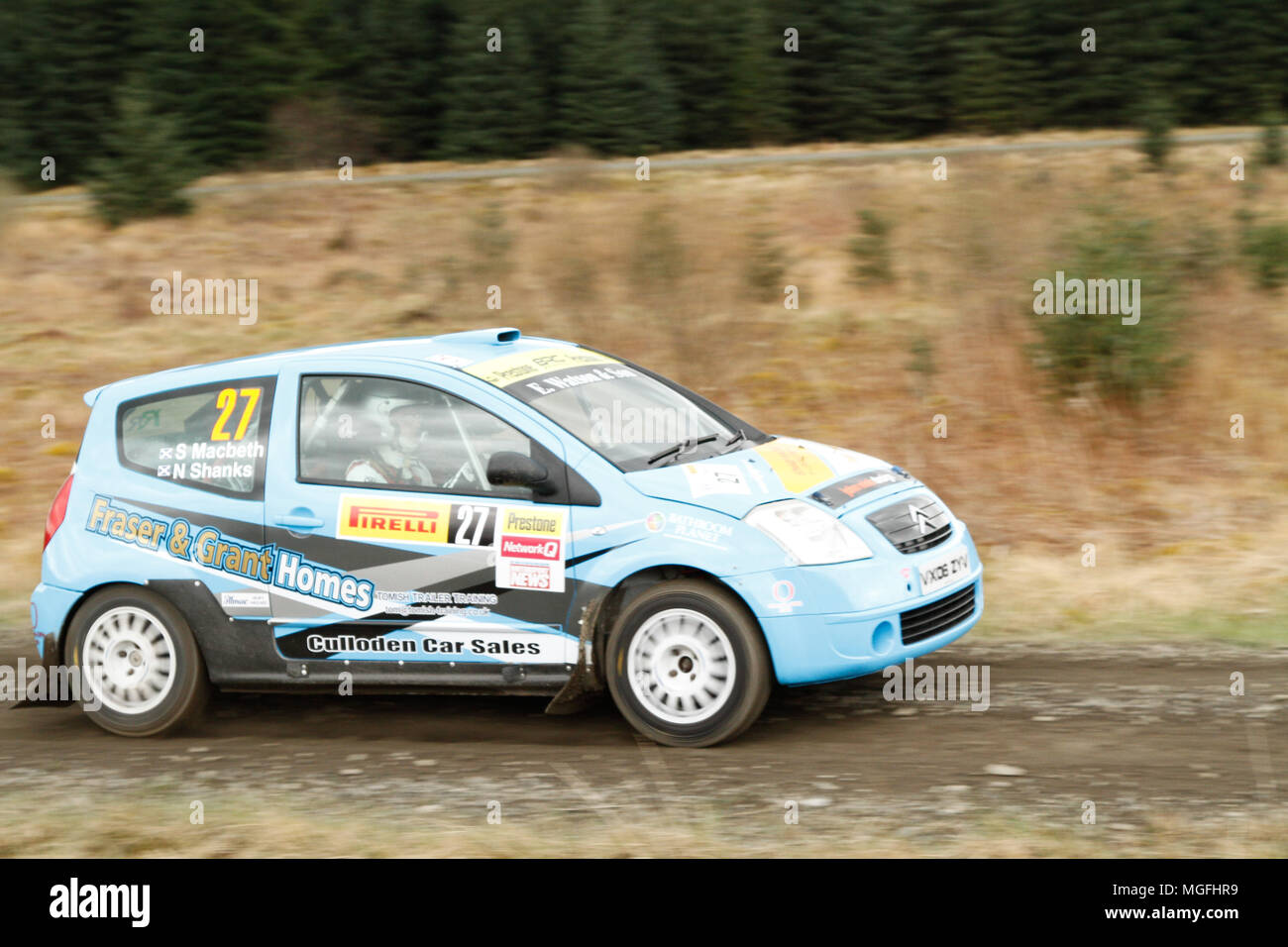 Kielder Forest, Northumberland, UK, 28 April 2018. Rally drivers compete in the Pirelli International Rally and second round of the Prestone British Rally Championship. (Special Stage 1 - Pundershaw 1). Andrew Cheal/Alamy Live News Stock Photo