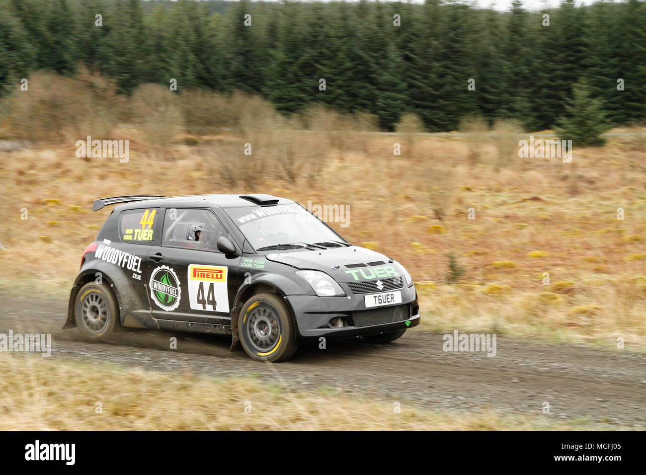 Kielder Forest, Northumberland, UK, 28 April 2018. Rally drivers compete in the Pirelli International Rally and the FUCHS Lubricant MSA British Historic Rally Championship. (Special Stage 1 - Pundershaw 1). Andrew Cheal/Alamy Live News Stock Photo