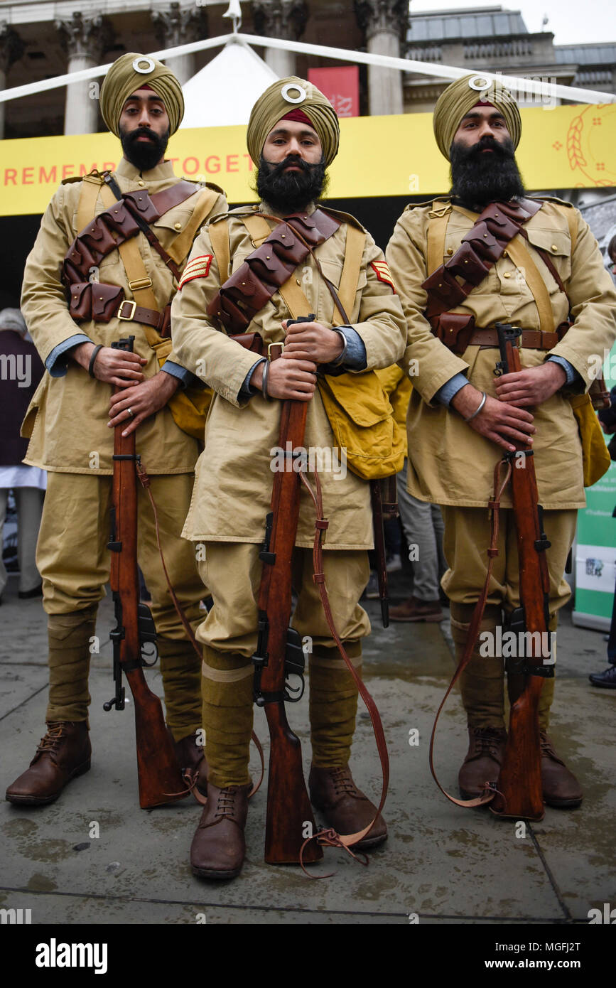London, UK.  28 April 2018.  Volunteers from the National Army Museum in historic uniforms dressed as the 15th Sikh Ludhiana Regiment from World War 1 during the festival of Vaisakhi in Trafalgar Square, hosted by the Mayor of London.  For Sikhs and Punjabis, the festival celebrates the spring harvest and commemorates the founding of the Khalsa community over 300 years ago.  Credit: Stephen Chung / Alamy Live News Stock Photo