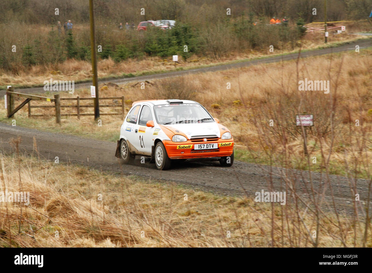 Kielder Forest, Northumberland, UK, 28 April 2018. Rally drivers compete in the Pirelli International Rally and the FUCHS Lubricant MSA British Historic Rally Championship. (Special Stage 1 - Pundershaw 1). Andrew Cheal/Alamy Live News Stock Photo