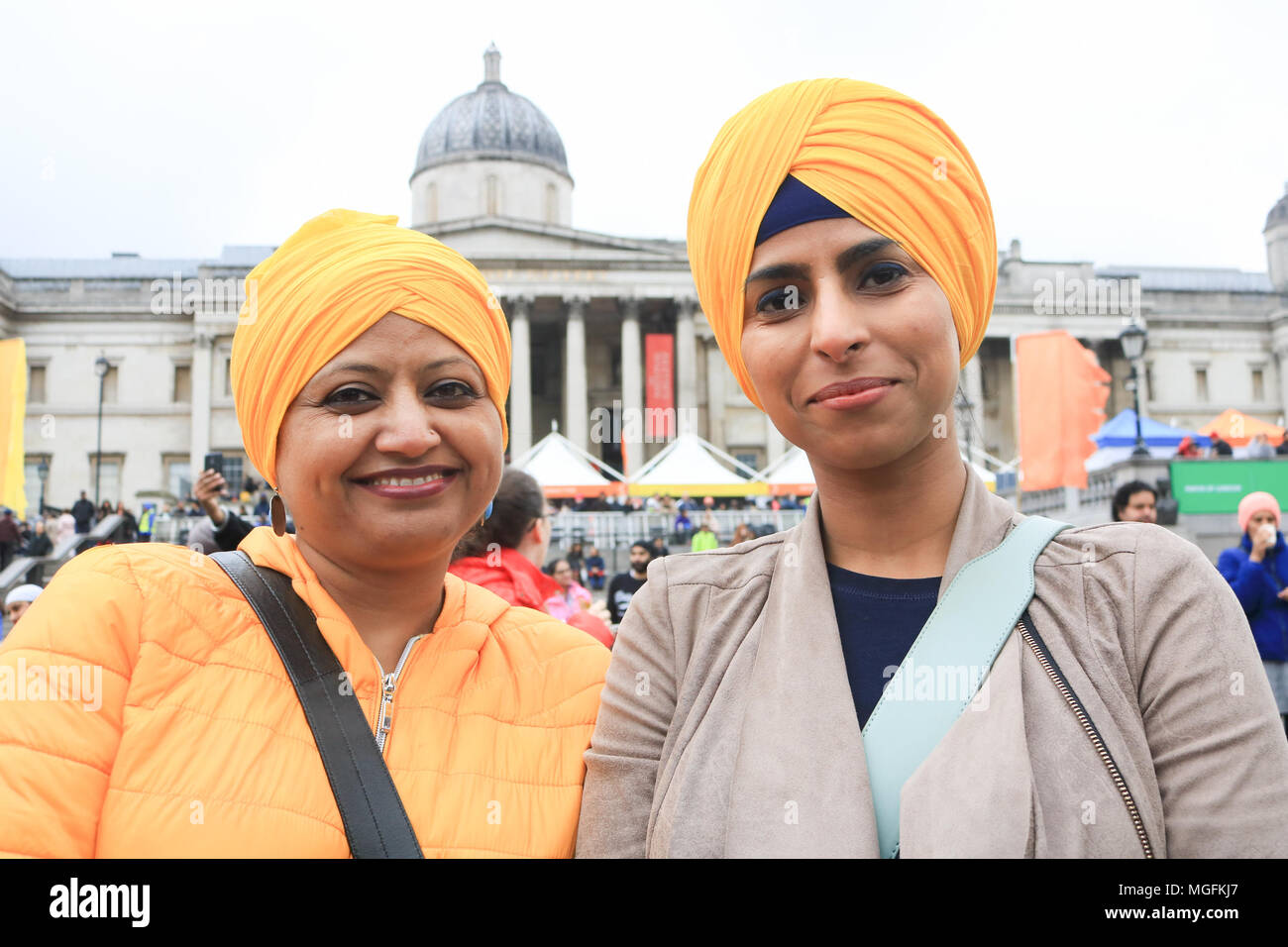 London UK. 28th April 2018. Punjabi women wearing turbans  attend the Vaisakhi festival in Trafalgar Square which is hosted by the Mayor of London as  a celebration of Sikh and Punjabi tradition, heritage and culture Credit: amer ghazzal/Alamy Live News Stock Photo