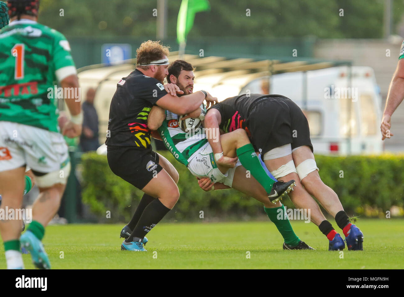 Treviso, Italy. 28th April, 2018. Benetton's full back Jayden Hayward tries  to keep the ball after