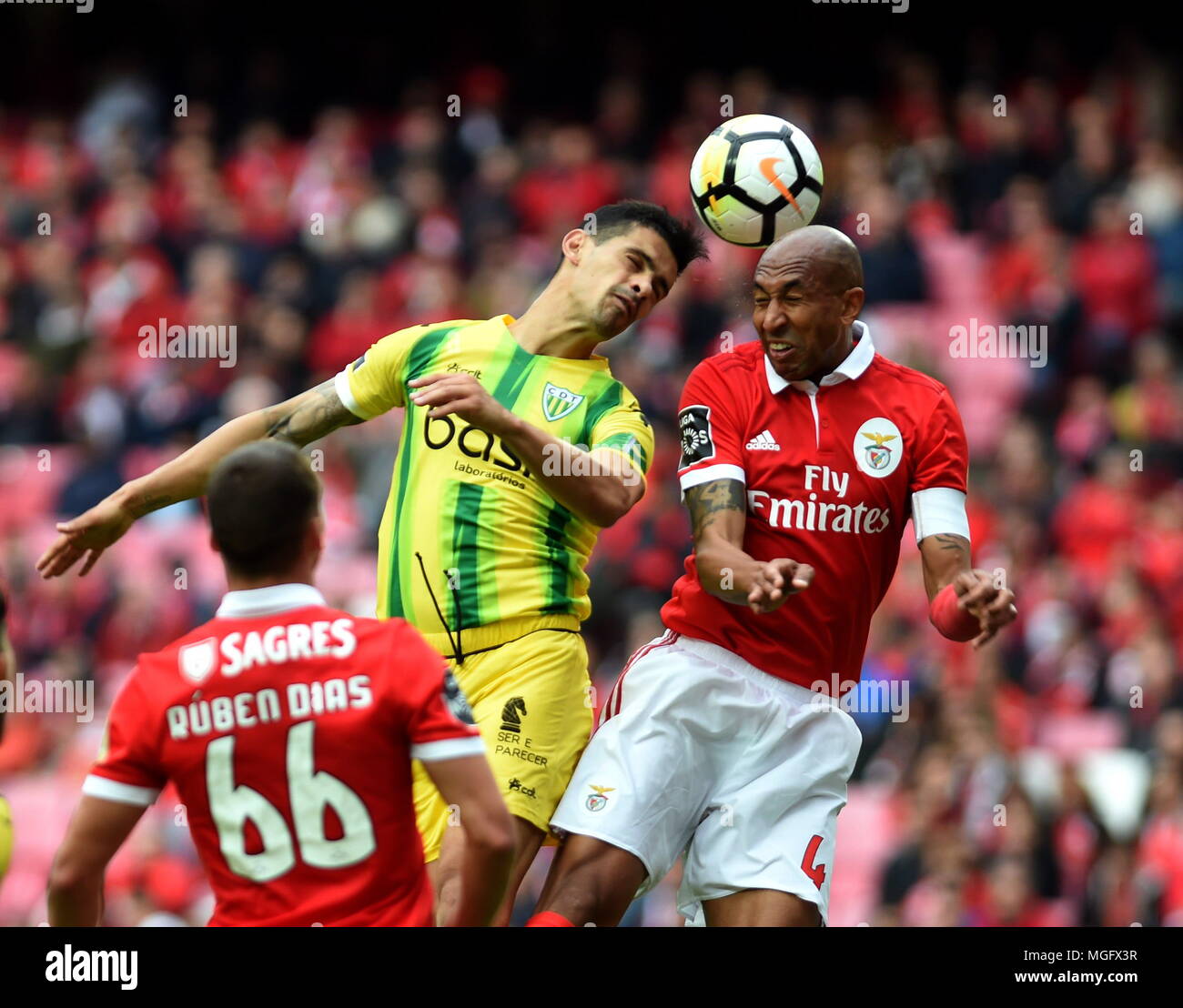 Lisbon, Portugal. 28th Apr, 2018. Luisao (R) of Benfica vies with Ricardo Costa of Tondela during Portuguese League soccer match between SL Benfica and CD Tondela in Lisbon, Portugal, April 28, 2018. Todela won 3-2. Credit: Zhang Yadong/Xinhua/Alamy Live News Stock Photo