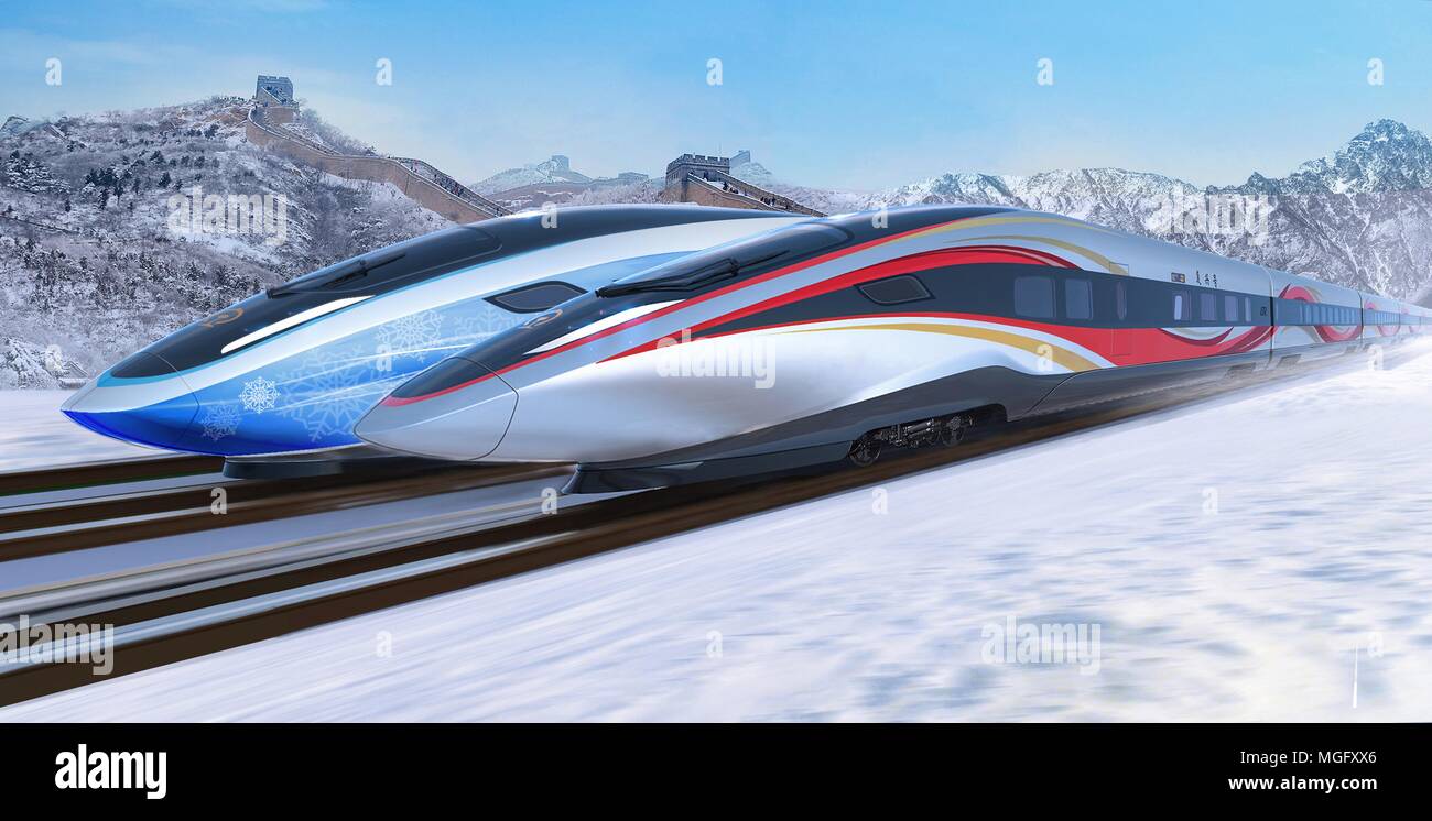 Beijing, China. 29th Apr, 2018. Photo shows design renderings of future Olympic bullet trains released by the China Academy of Railway Sciences Co., Ltd in Beijing, capital of China, April 23, 2018. China will complete the testing of high-speed trains that will run on a new line linking Beijing and Zhangjiakou, co-hosts of the 2022 Winter Olympics, by the first half of 2019. A prototype of the trains will be manufactured and assembled by the end of this year. Credit: Xinhua/Alamy Live News Stock Photo