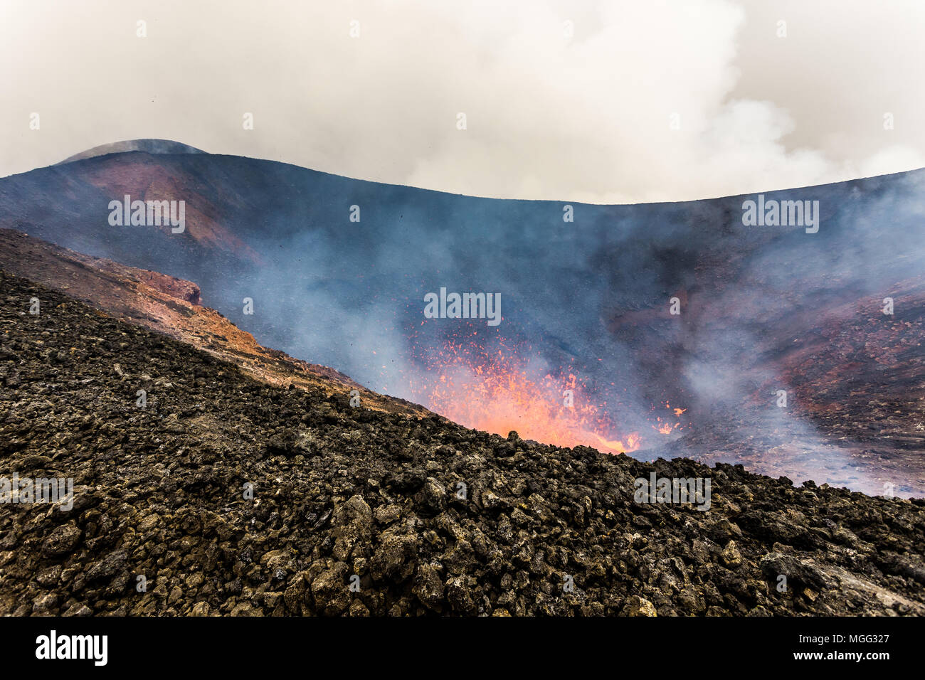 Hot Lava Fountain Erupting From Crater Active Volcano Tolbachik