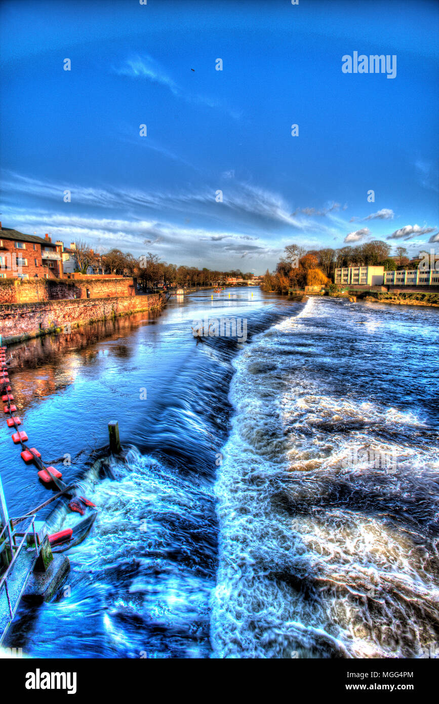 City of Chester, England. Artistic view of the River Dee, with Chester Walls on the left of the image and the Groves in the background. Stock Photo