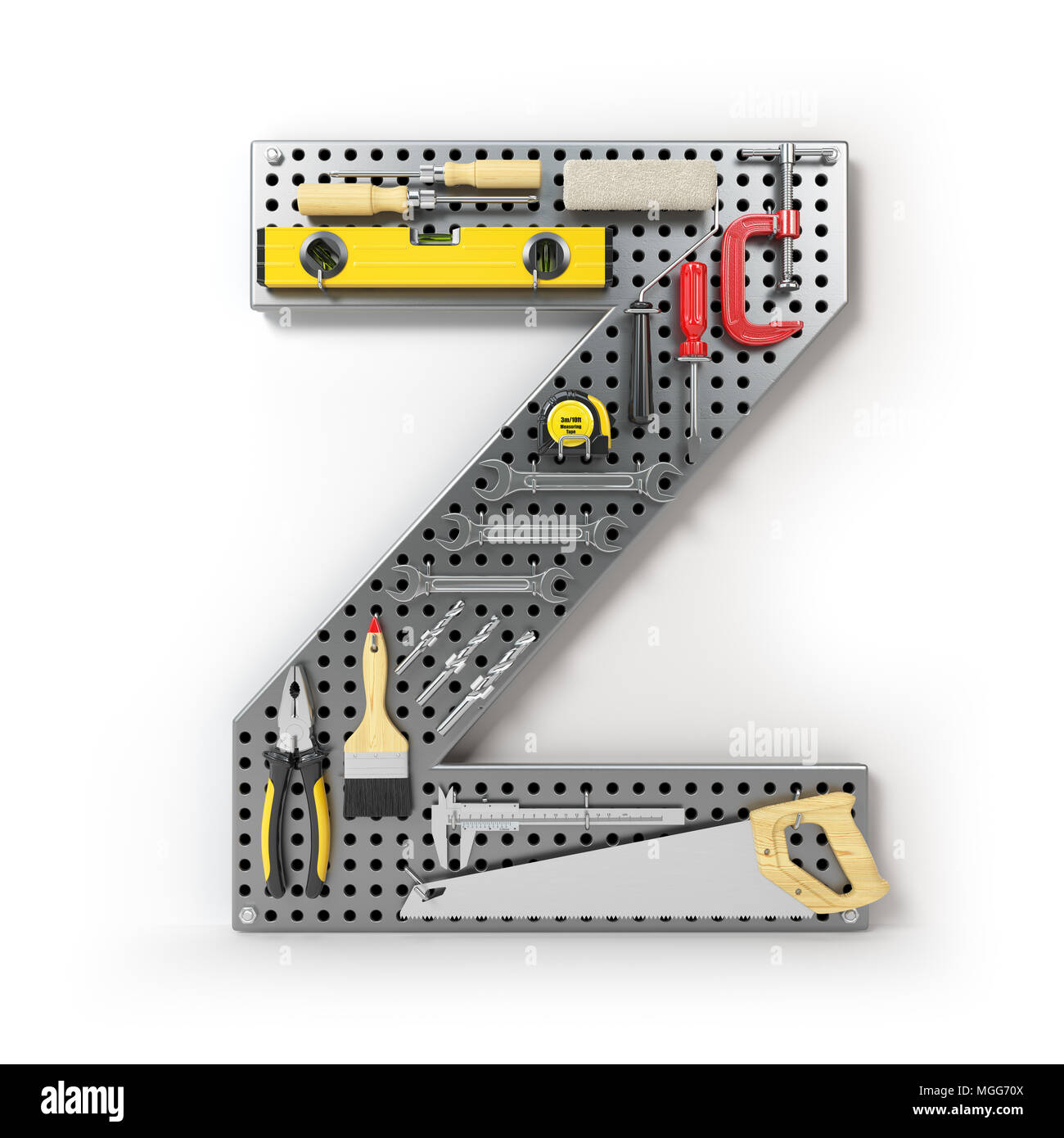 Letter Z. Alphabet from the tools on the metal pegboard isolated on white.  3d illustration Stock Photo