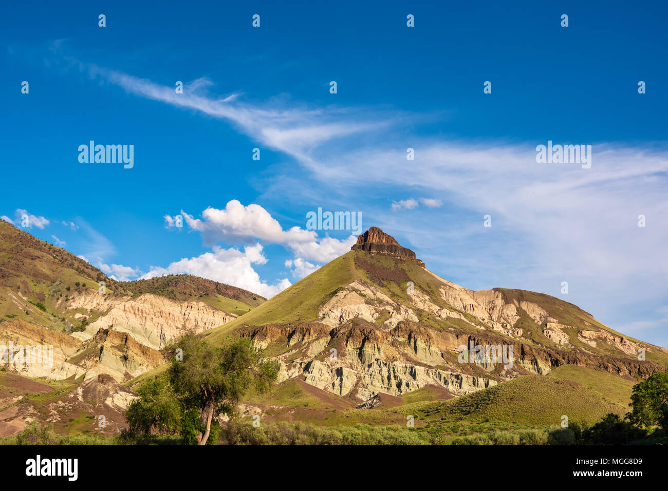 Sheep Rock as seen from Cant Ranch in Oregon. Claystone volcanic ash layers exposed by natural erosion, Stock Photo