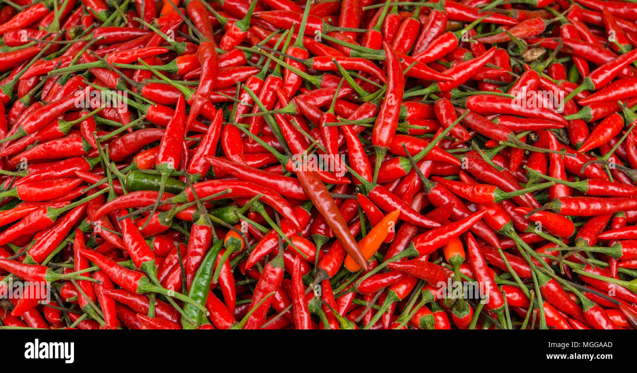 bright red chili peppers for sale in market Stock Photo