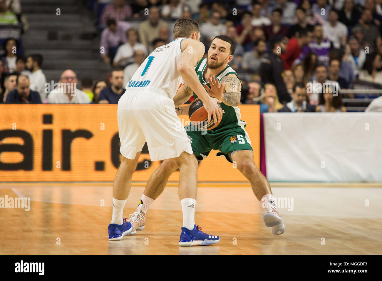 Madrid, Spain. 27th Apr, 2018. Fabien Causeur (L) and Mike James (R) during Real Madrid victory over Panathinaikos Athens (89 - 82) in Turkish Airlines Euroleague playoff series (game 4) celebrated at Wizink Center in Madrid (Spain). April 27th 2018. Credit: Juan Carlos García Mate/Pacific Press/Alamy Live News Stock Photo