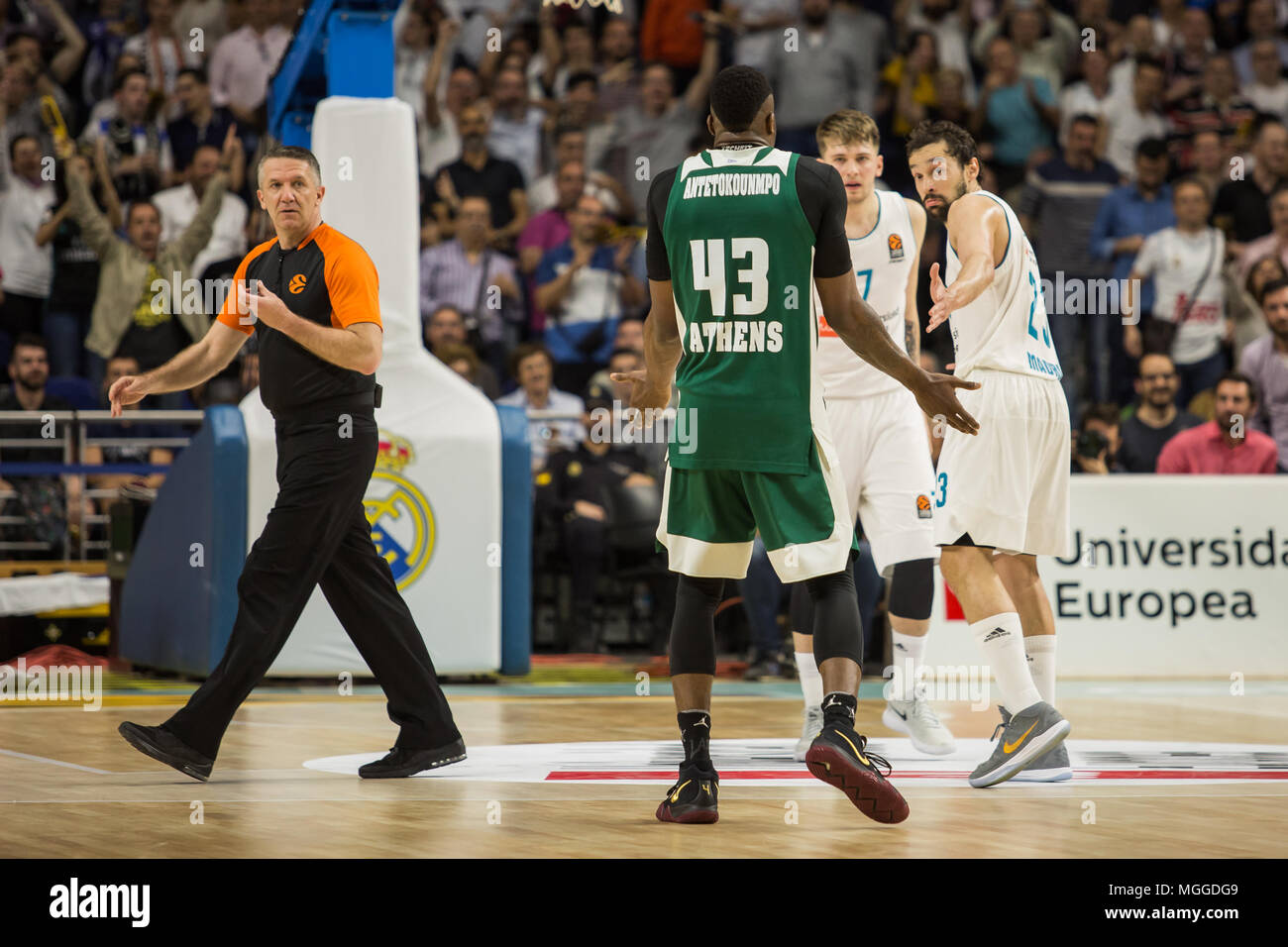 Madrid, Spain. 27th Apr, 2018. Thanasis Antetokounmpo (L) and Sergio Lllull (R) during Real Madrid victory over Panathinaikos Athens (89 - 82) in Turkish Airlines Euroleague playoff series (game 4) celebrated at Wizink Center in Madrid (Spain). April 27th 2018. Credit: Juan Carlos García Mate/Pacific Press/Alamy Live News Stock Photo