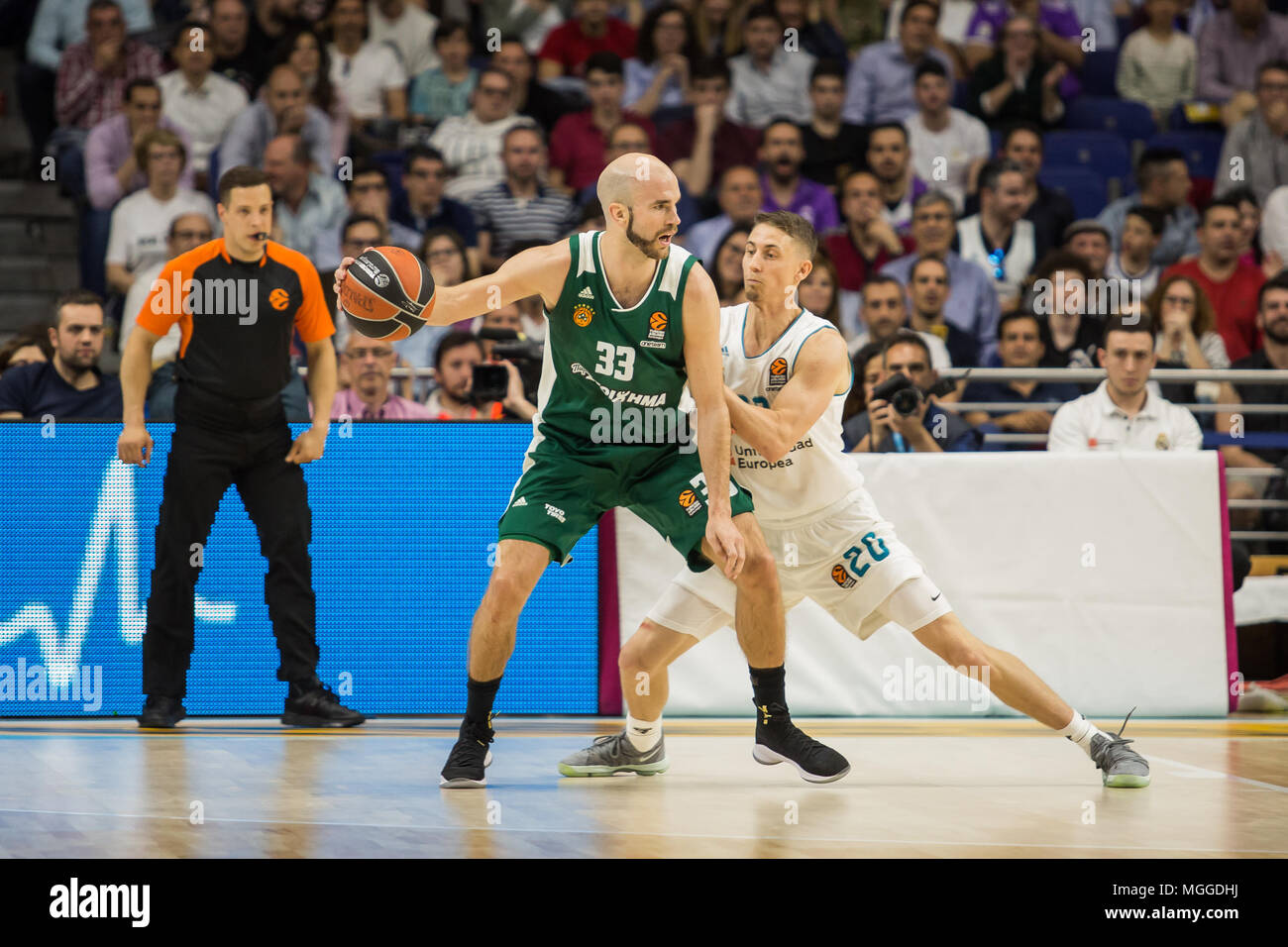 Madrid, Spain. 27th Apr, 2018. Nick Calathes (L) and Jaycee Carroll (R) during Real Madrid victory over Panathinaikos Athens (89 - 82) in Turkish Airlines Euroleague playoff series (game 4) celebrated at Wizink Center in Madrid (Spain). April 27th 2018. Credit: Juan Carlos García Mate/Pacific Press/Alamy Live News Stock Photo