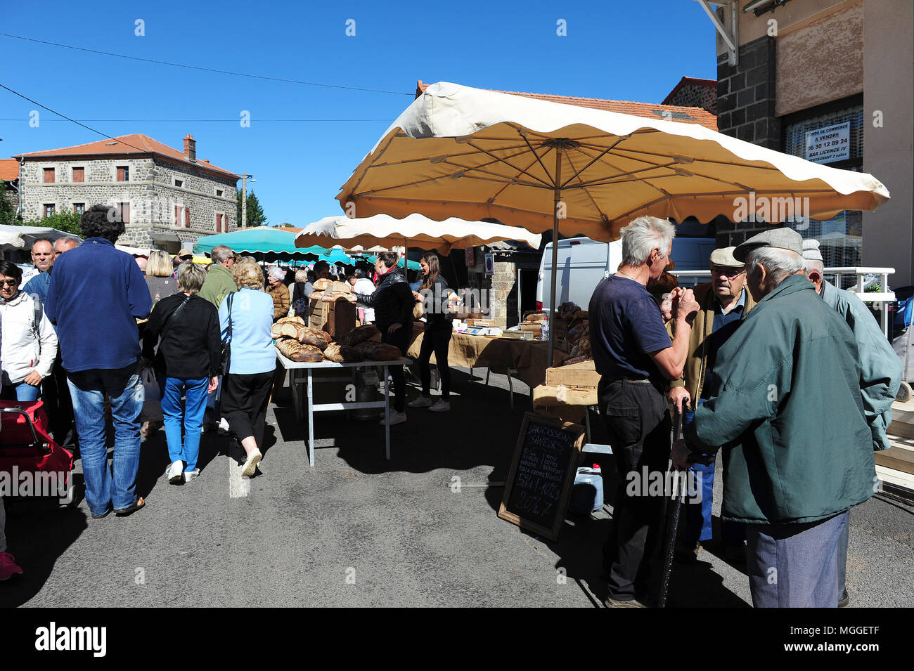 Haute-Loire, France - The weekly market of Costaros - one of the largest ones in the Le Puy region - offers local and organic products. Stock Photo
