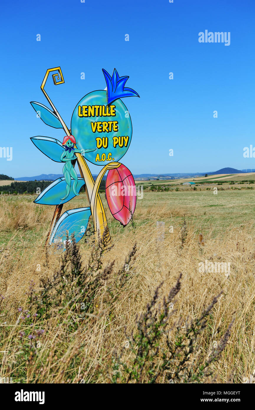A sign on the way to the town of Le Puy-en-Velay advertising Le Puy green lentils, Haute-Loire, France Stock Photo