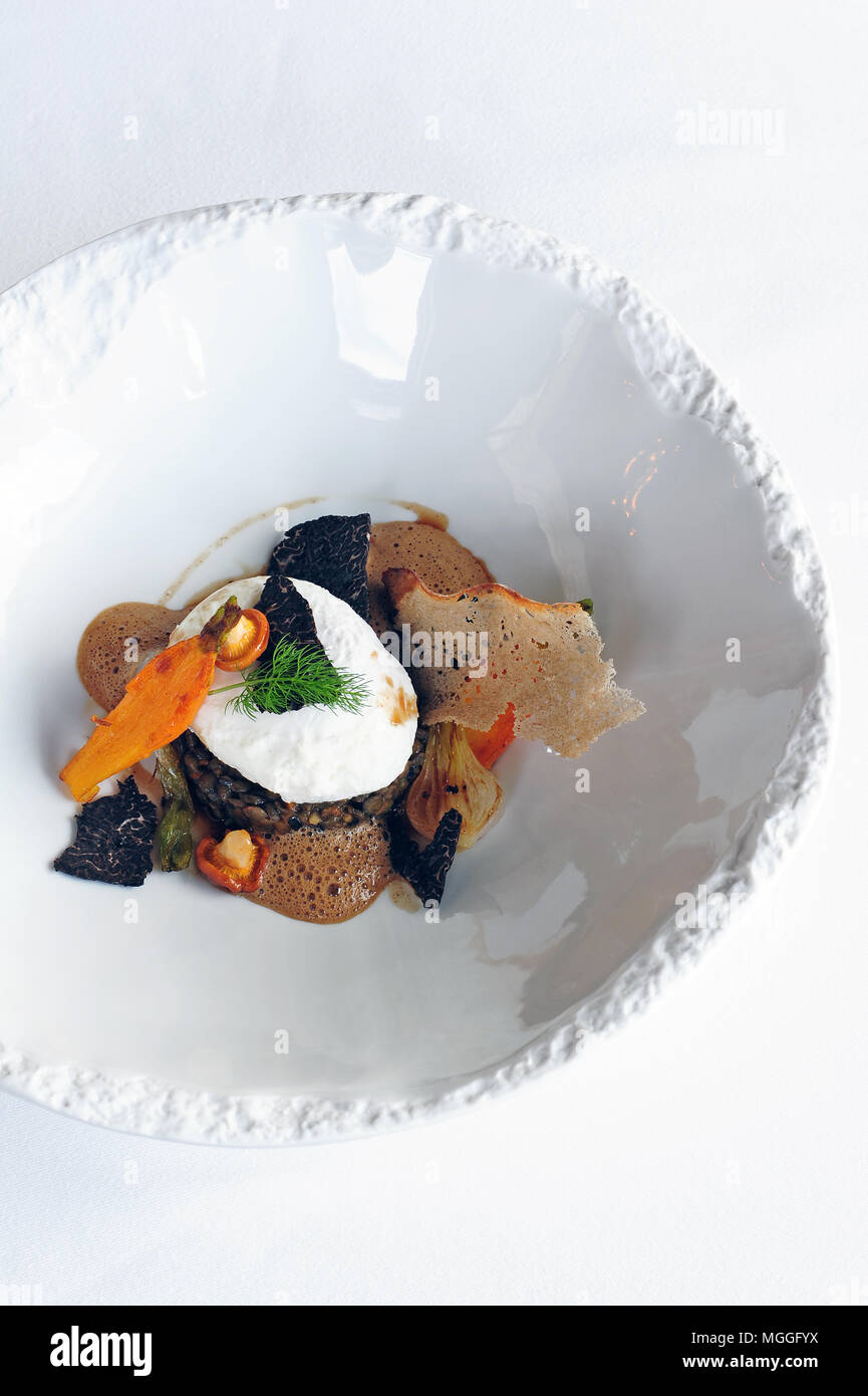 Michelin-starred chef Régis Marcon's 'ragoût de lentilles vertes de Puy avec truffes et oeuf de poule fumé' Stock Photo