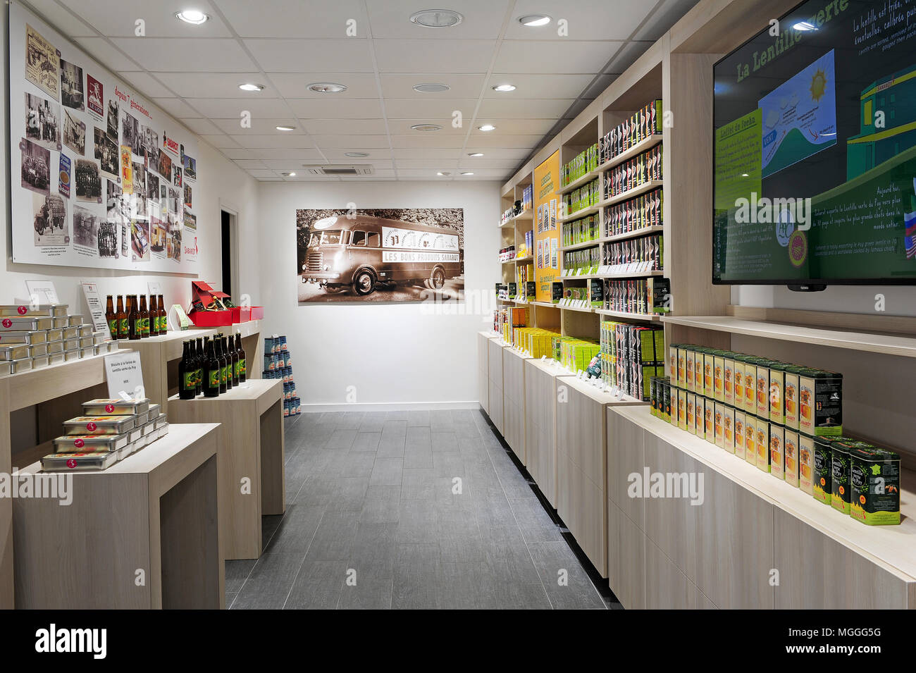 The section dedicated to le Puy green lentils inside Sabarot gourmet food shop in Le-Puy-en-Velais, France Stock Photo