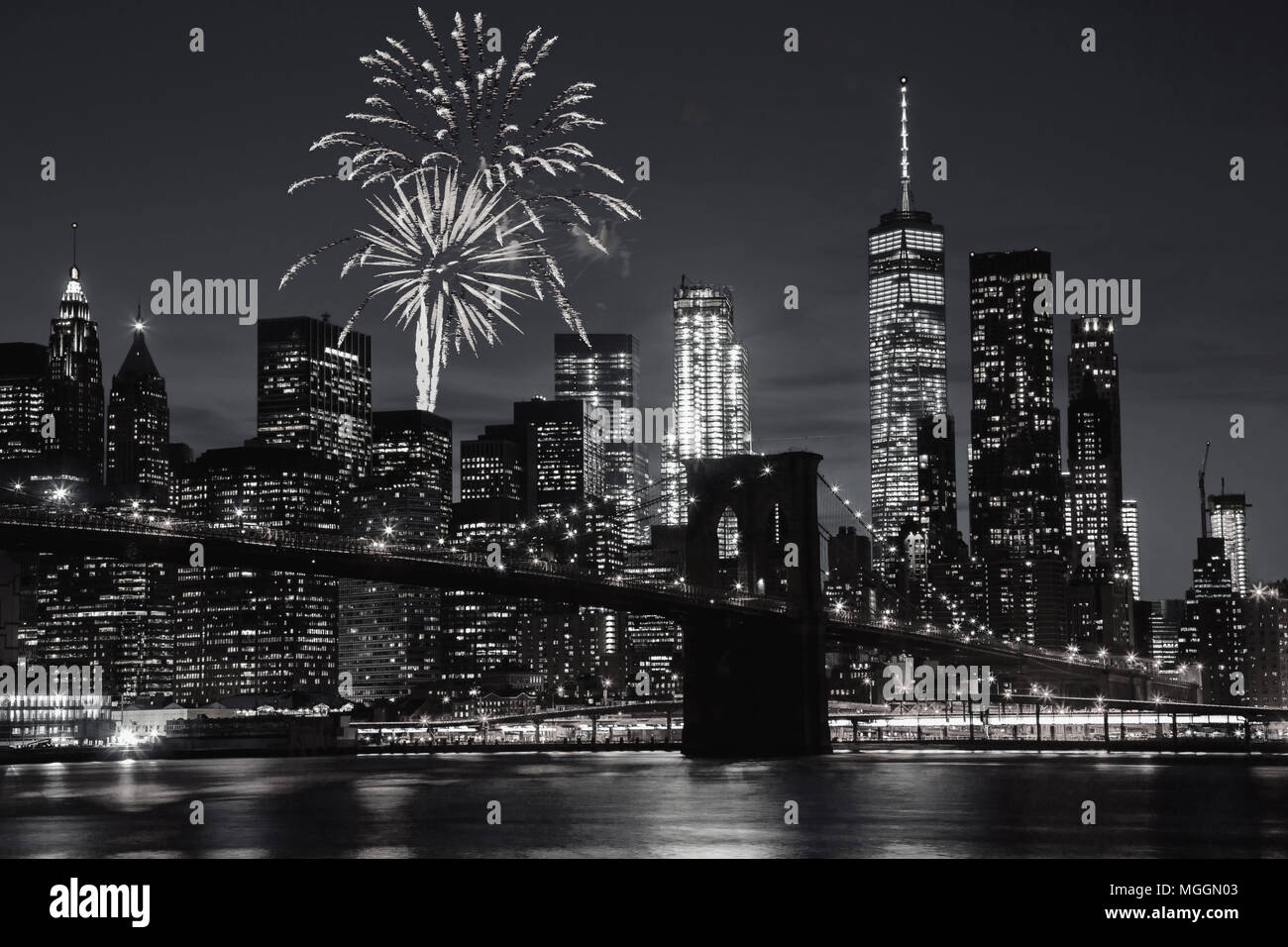 Fireworks over New York City skyline and Brooklyn Bridge Stock Photo ...
