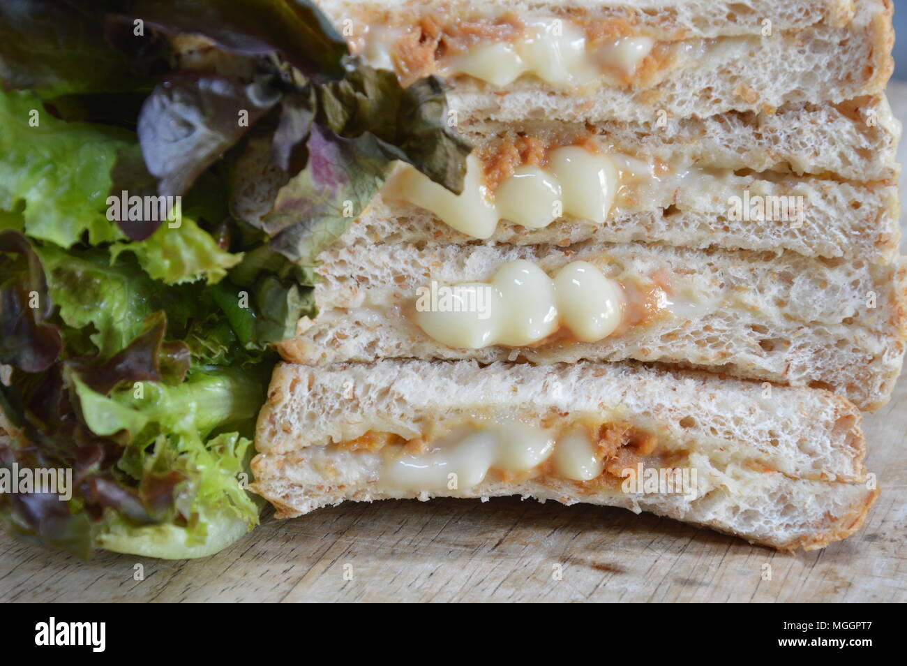 whole wheat bread filling tuna mayonnaise and vegetable with dipping