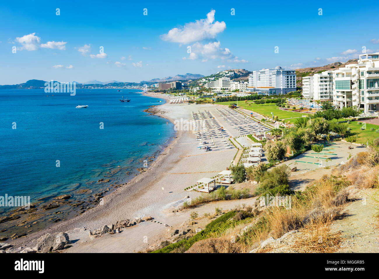 Beach with hotels in Faliraki, Kallithea (Rhodes, Greece) Stock Photo