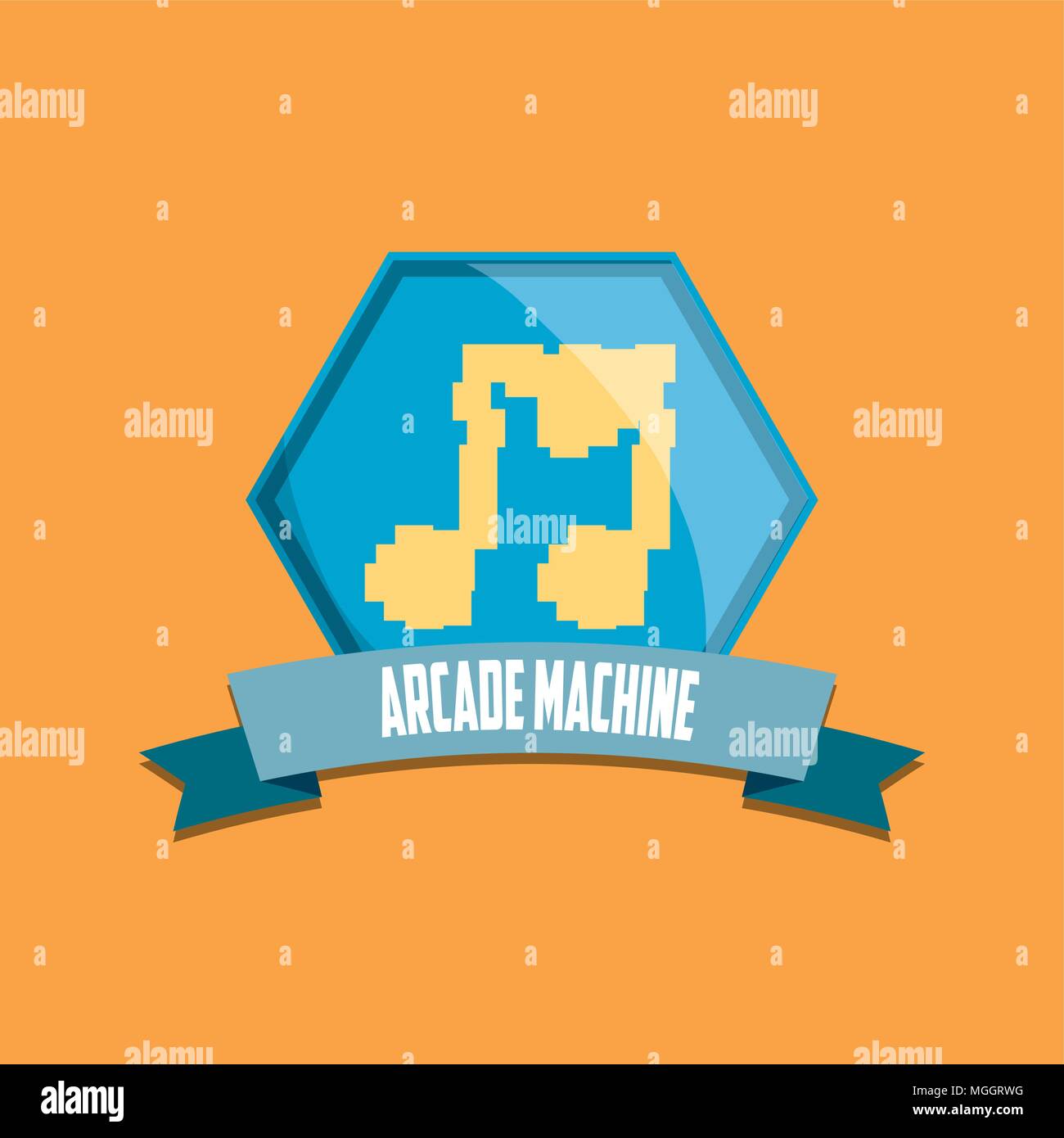 arcade machine emblem with pixelated musical note and decorative ribbon ...