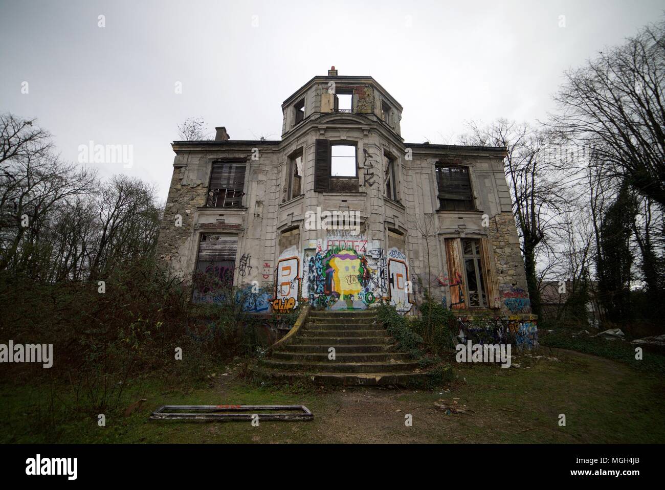 The ruins of a huge abandoned mansion in Goussainville, a suburb of Paris, France Stock Photo