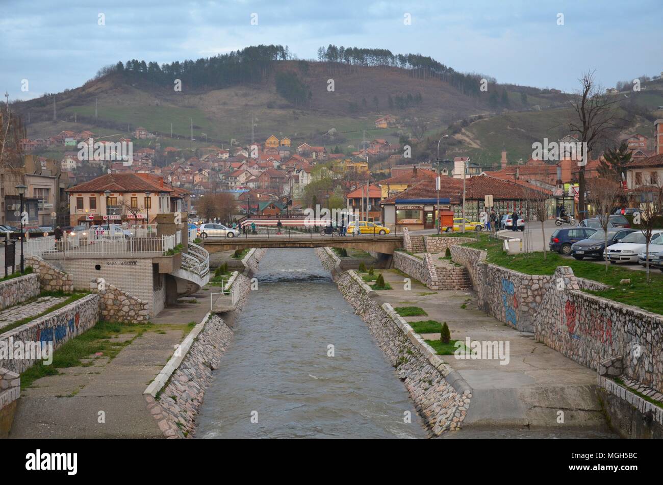 The town of Novi Pazar in the historical region of Sandzak, Serbia: the center and the Raska river Stock Photo