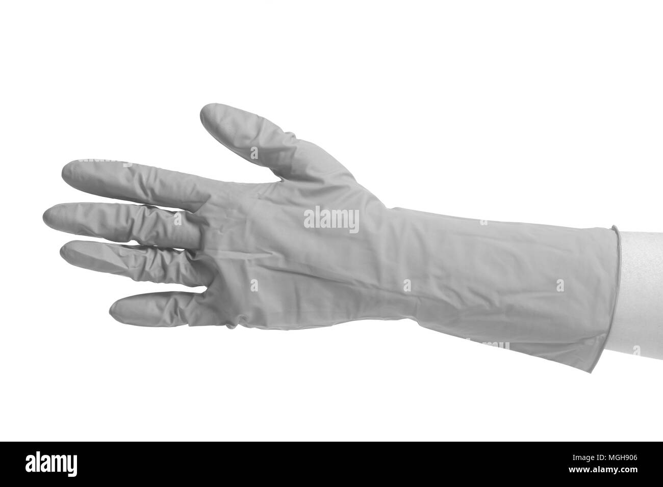 Latex Glove For Cleaning on female hand isolated on a white background Stock Photo