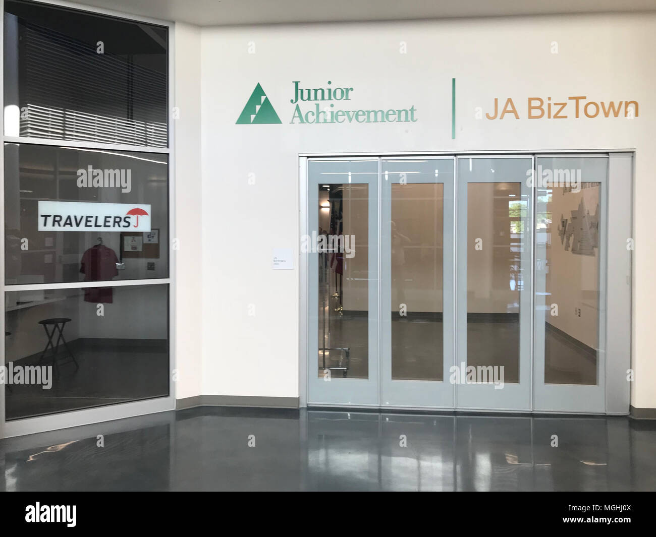 View of JA Biz Town from Gilbreth-Reed lobby in Garland Texas Stock Photo