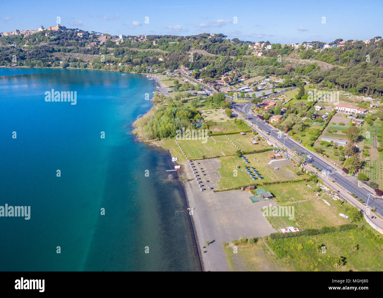 Panoramic view of Albano Lake coast, Rome Province, Latium, central Italy. Stock Photo