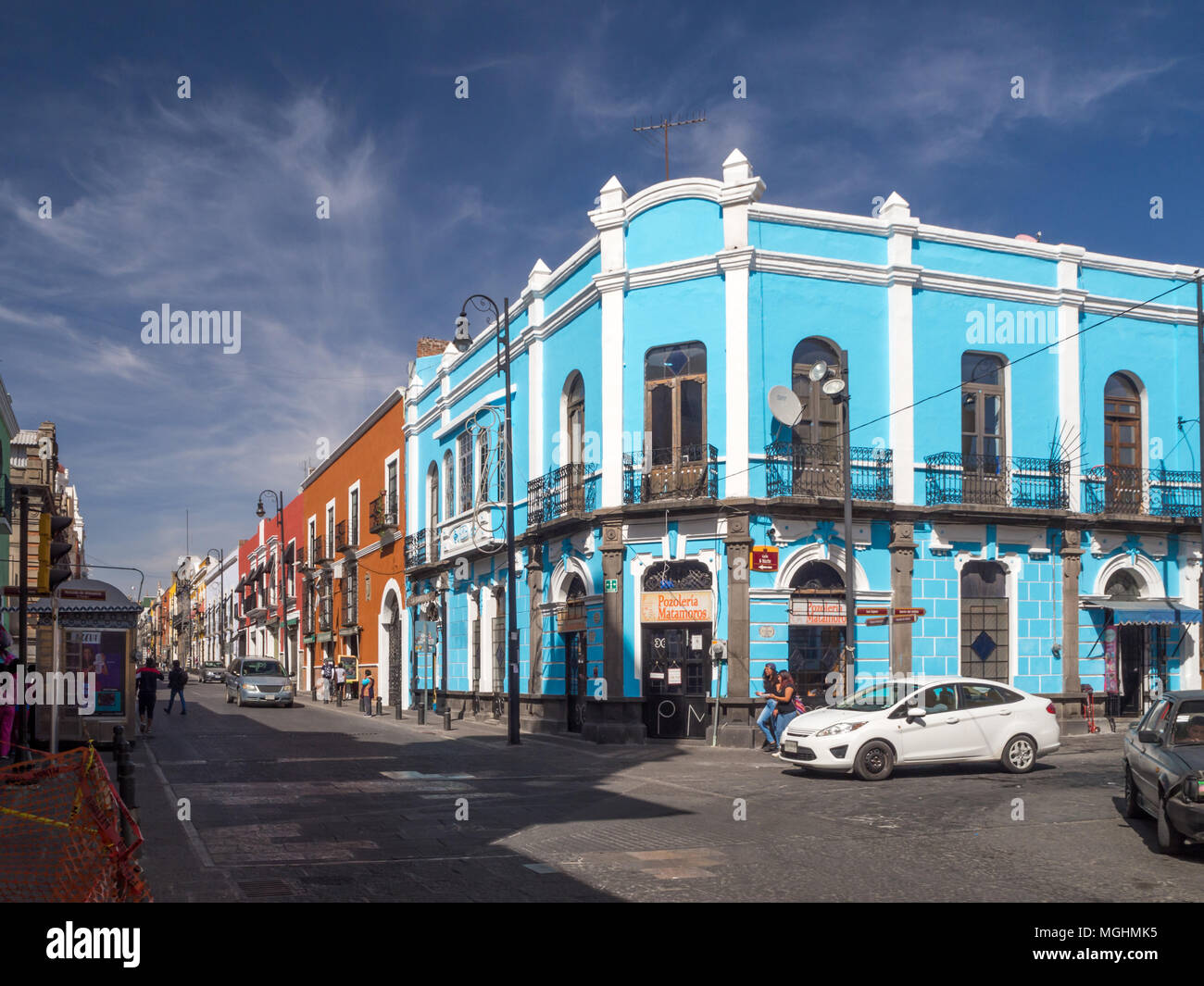 Puebla, Mexico, South America: [Streets of the town of Puebla, christmas dedcoration, restaurants and people] Stock Photo