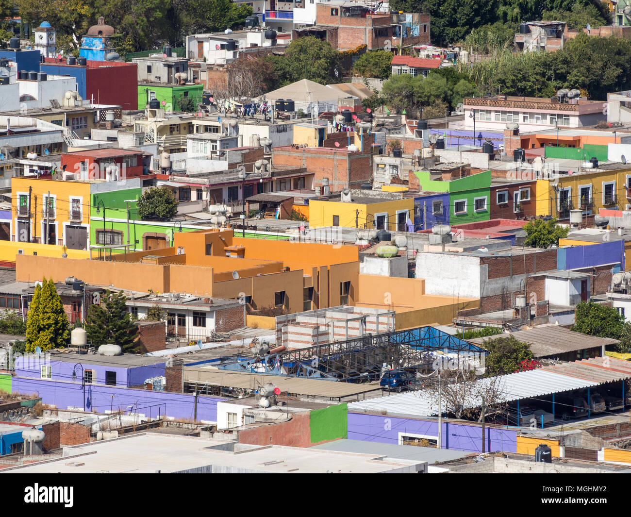 Mexican town with colorful buildings and church, cathedral Stock Photo