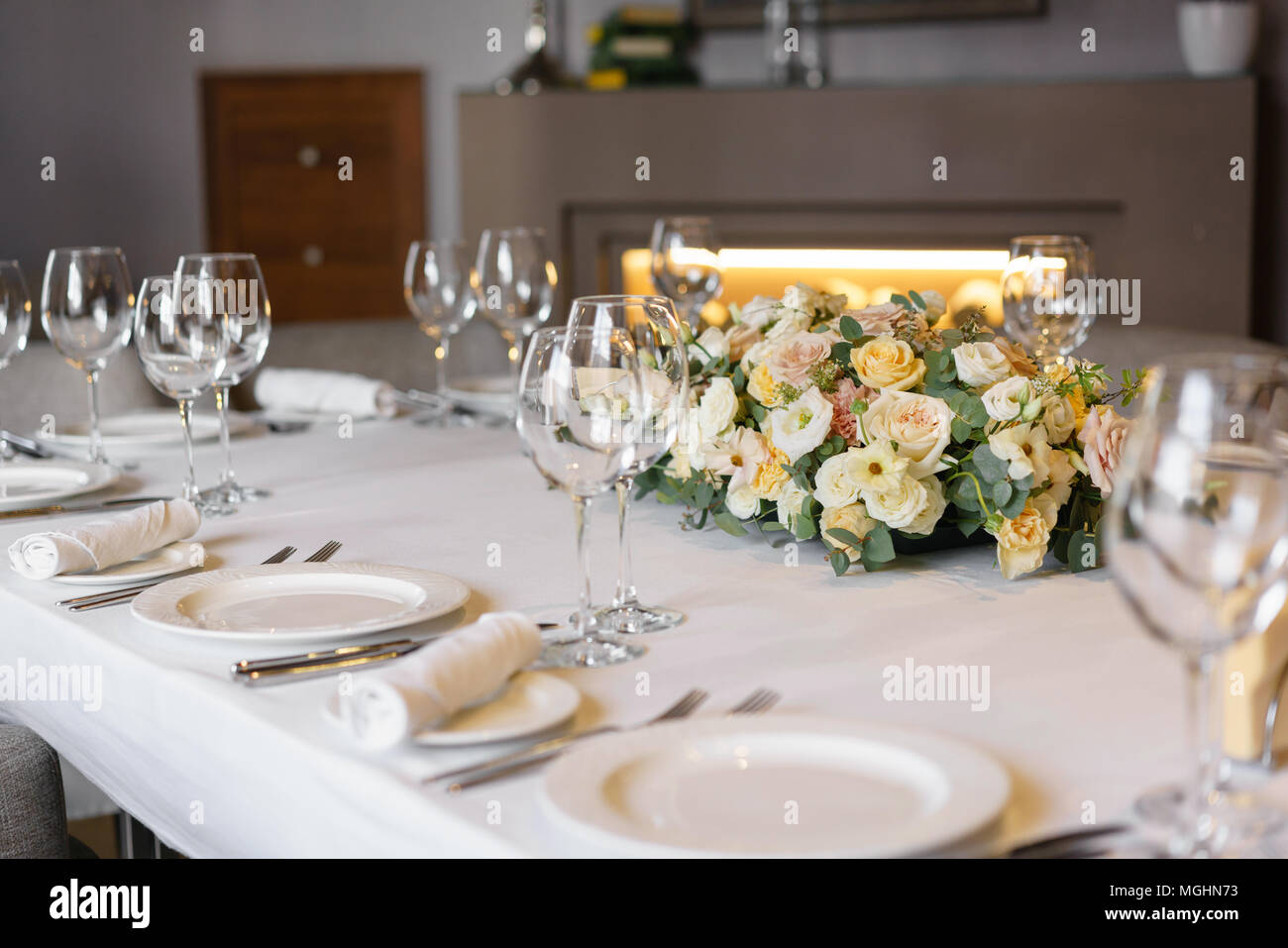 Luxury Wedding Reception Flower Arrangement On Table In