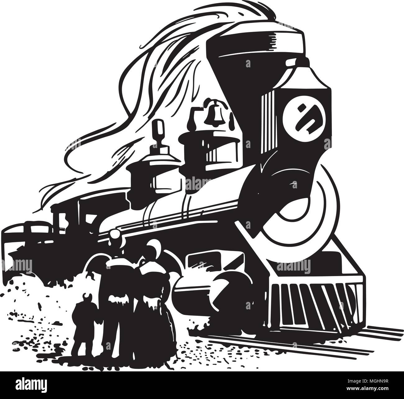 Steam Locomotive Arriving - Retro Clip Art Illustration Stock Vector