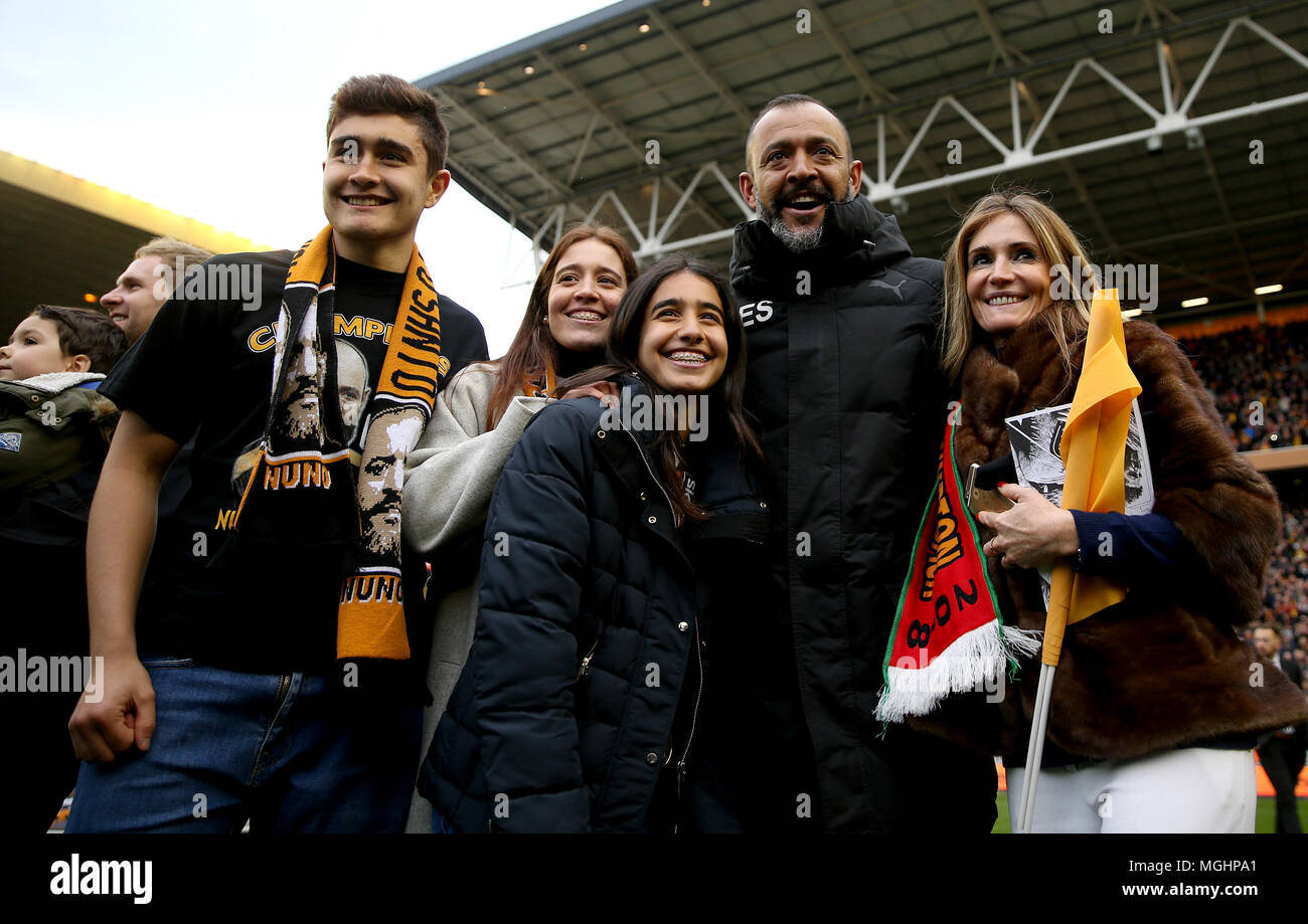 Wolverhampton Wanderers manager Nuno Espirito Santo (second right) celebrates after the final whistle during the Sky Bet Championship match at Molineux, Wolverhampton. PRESS ASSOCIATION Photo. Picture date: Saturday April 28, 2018. See PA story SOCCER Wolves. Photo credit should read: Tim Goode/PA Wire. RESTRICTIONS:  No use with unauthorised audio, video, data, fixture lists, club/league logos or 'live' services. Online in-match use limited to 75 images, no video emulation. No use in betting, games or single club/league/player publications. Stock Photo