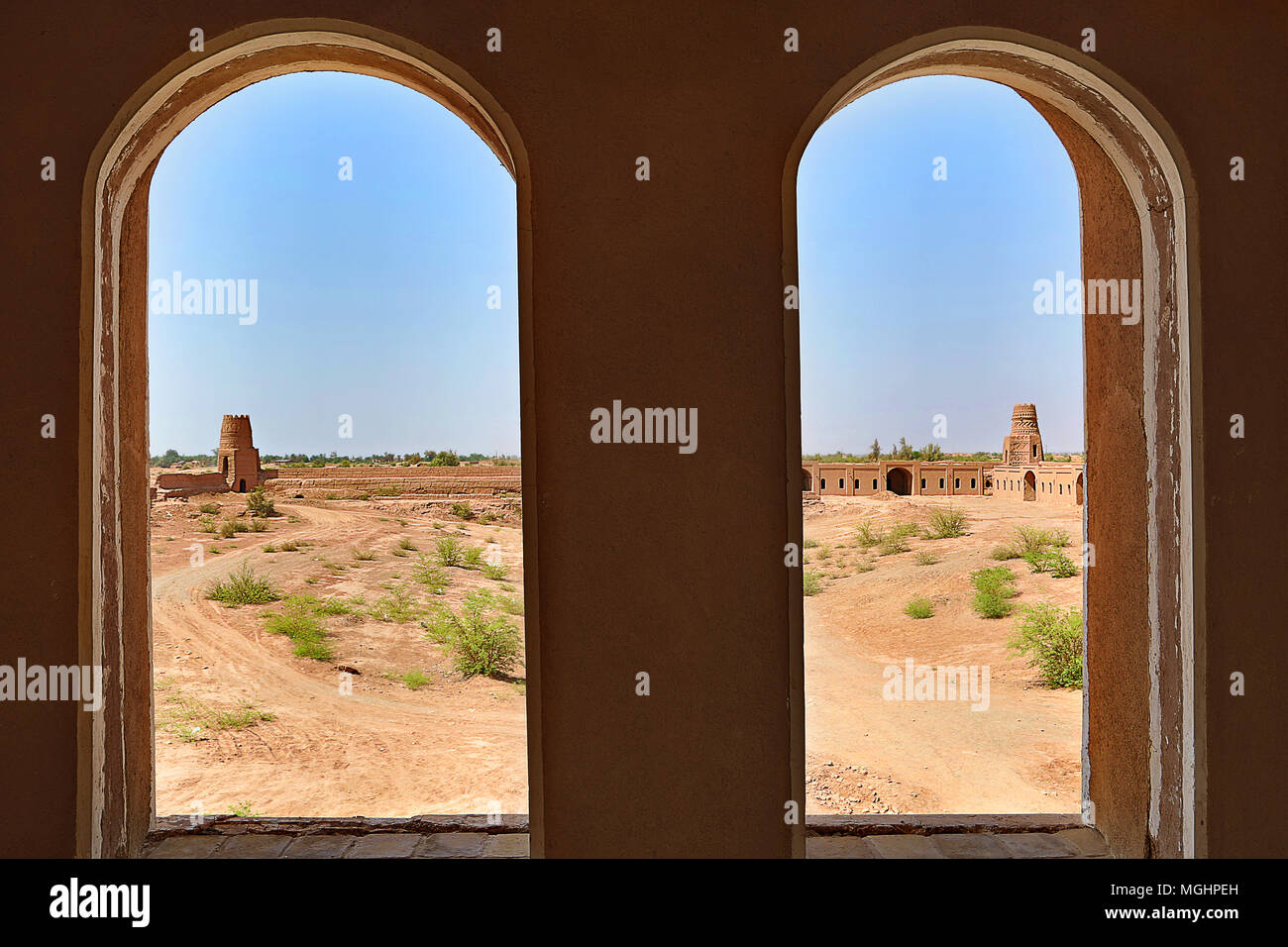 Ruins of the medieval caravanserai in Shafiabad, Iran Stock Photo