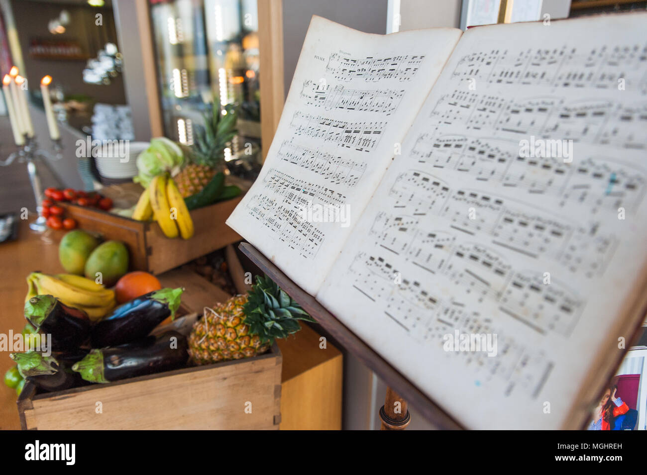 Old, vintage sheet music on music stand Stock Photo