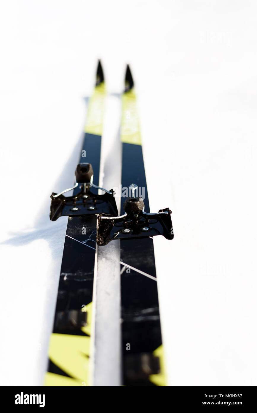Pair of new cross-country skis on a white winter snow background with copy space area for wintery themed sports and Nordic skiing designs Stock Photo